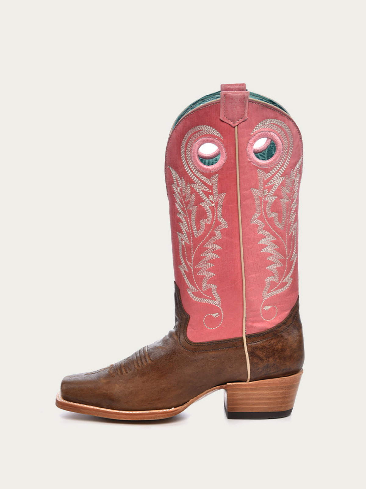 Cut-Out Square-Toe Embroidery Wide Mid Calf Cowgirl Boots - Contrast Brown And Pink