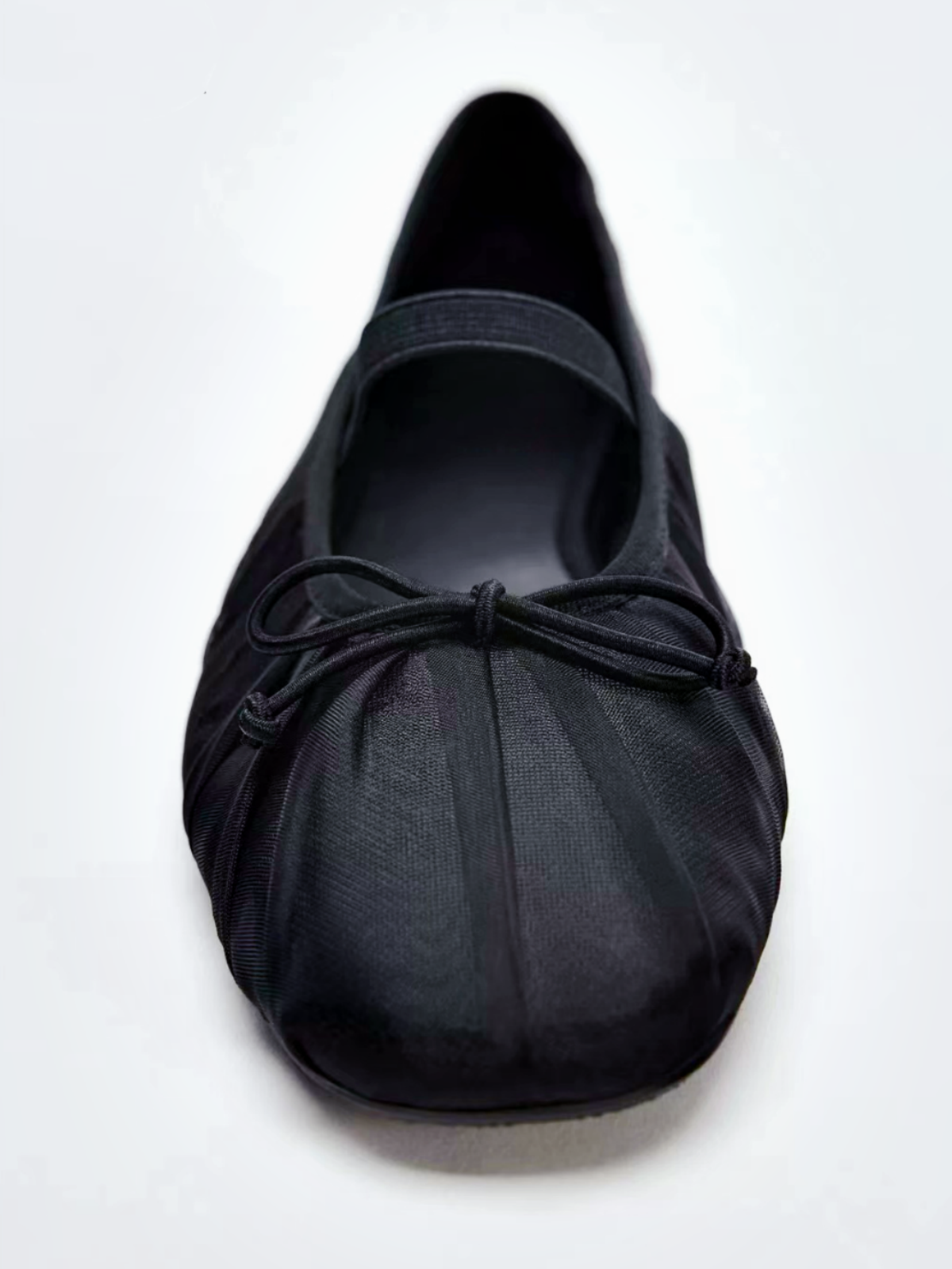 Black Mesh Round-Toe Elastic Strap Bow Ballet Flats