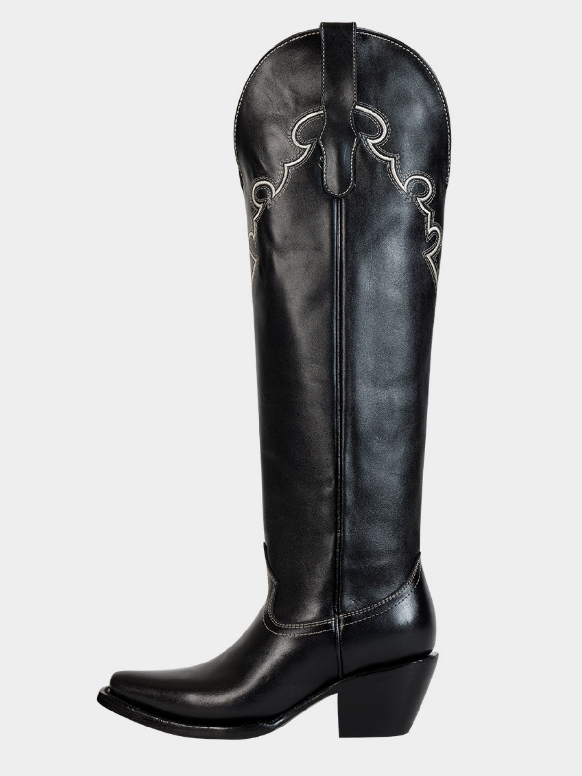 Black Snip-Toe Embroidery Wide Calf Tall Knee High Cowgirl Boots