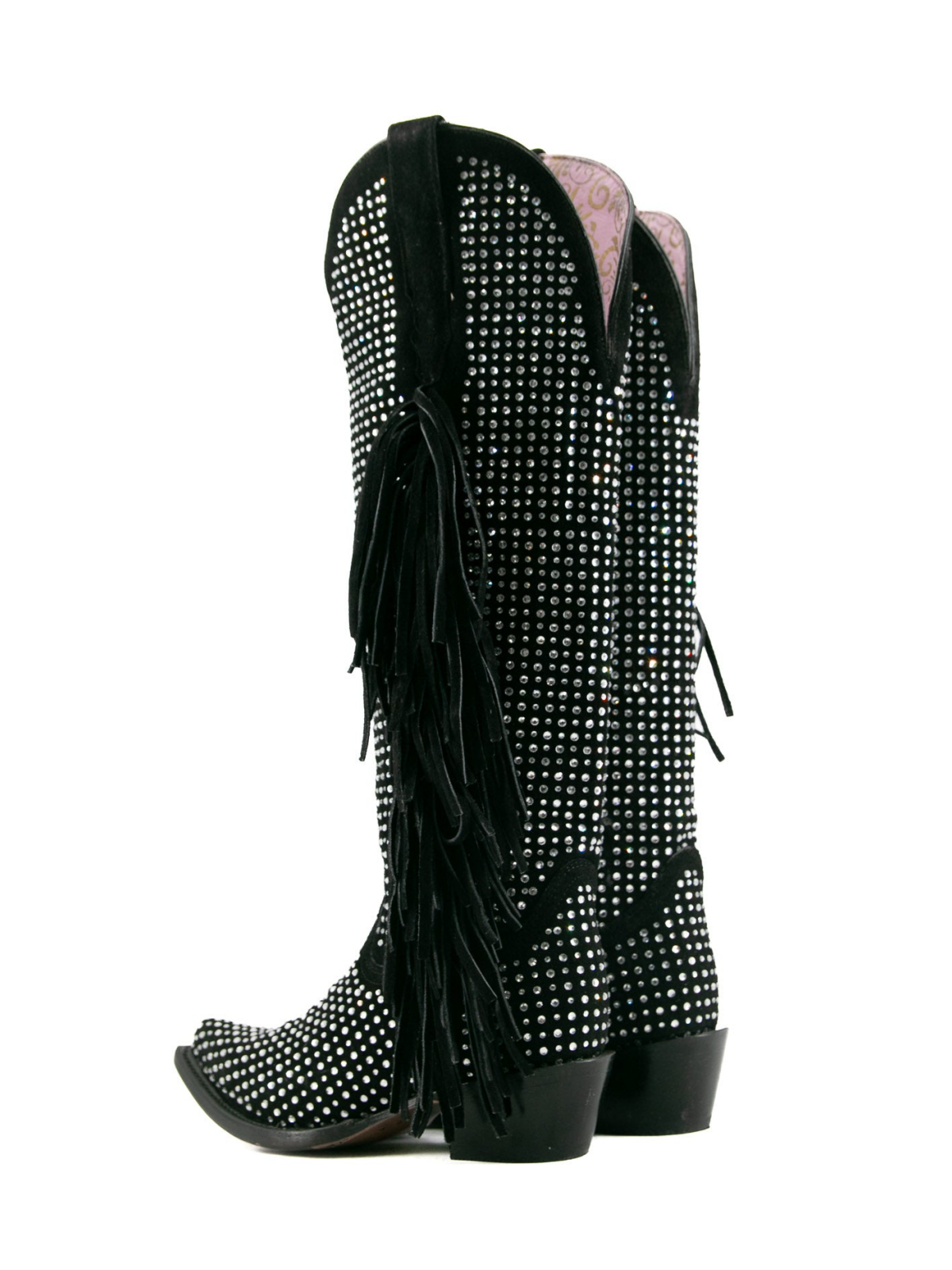 Black Faux Suede Snip-Toe Half-Zip Fringe Rhinestone Knee High Tall Cowgirl Boots