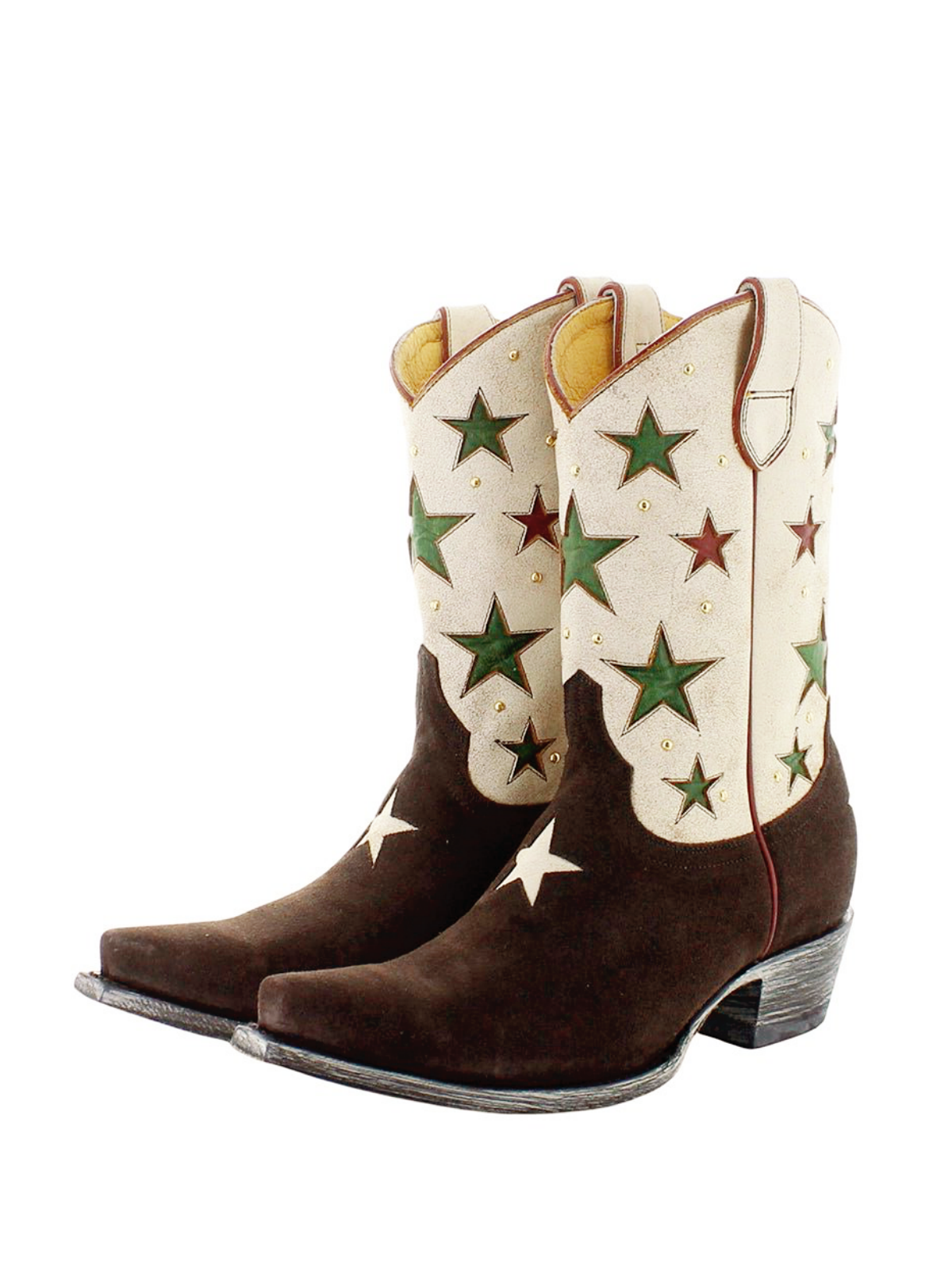 Contrast Dark Brown Faux Suede And Ivory Snip-Toe Studded Star Inlay Wide Mid Calf Cowgirl Boots