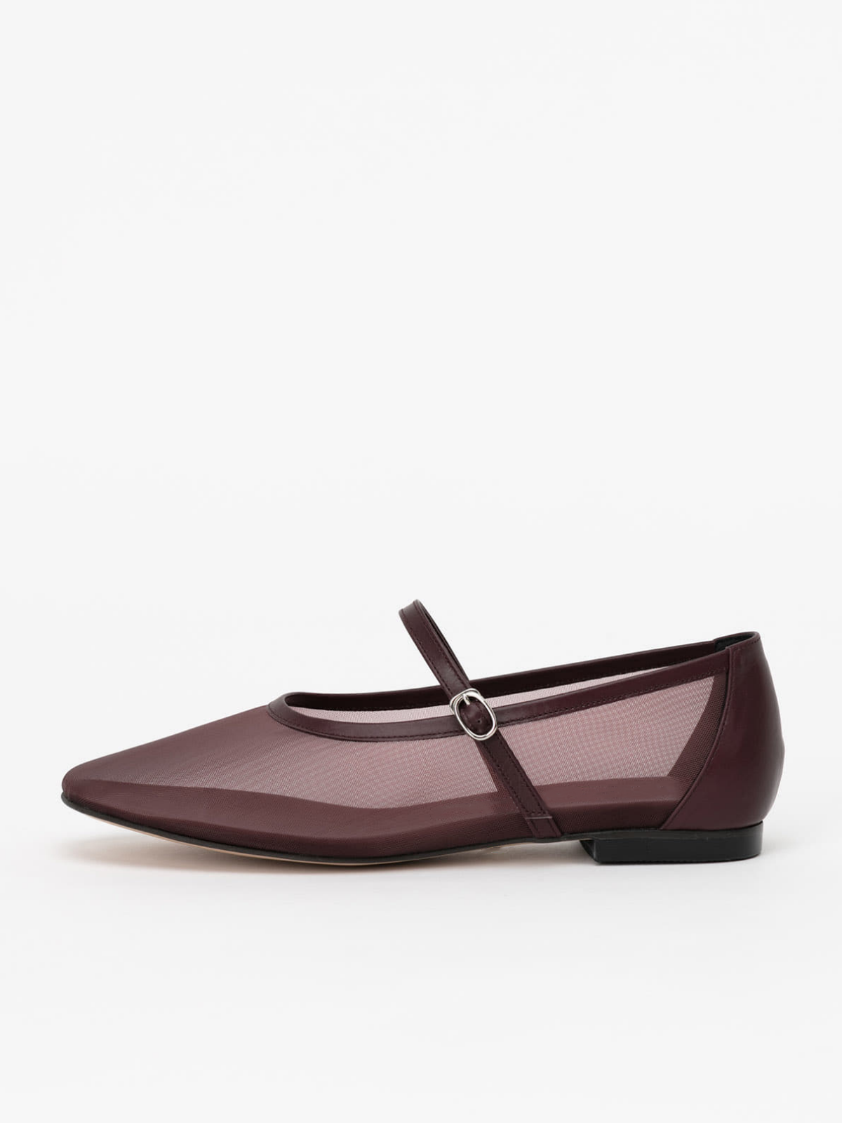 Maroon Mesh Square-Toe Flats Mary Janes With Adjustable Strap