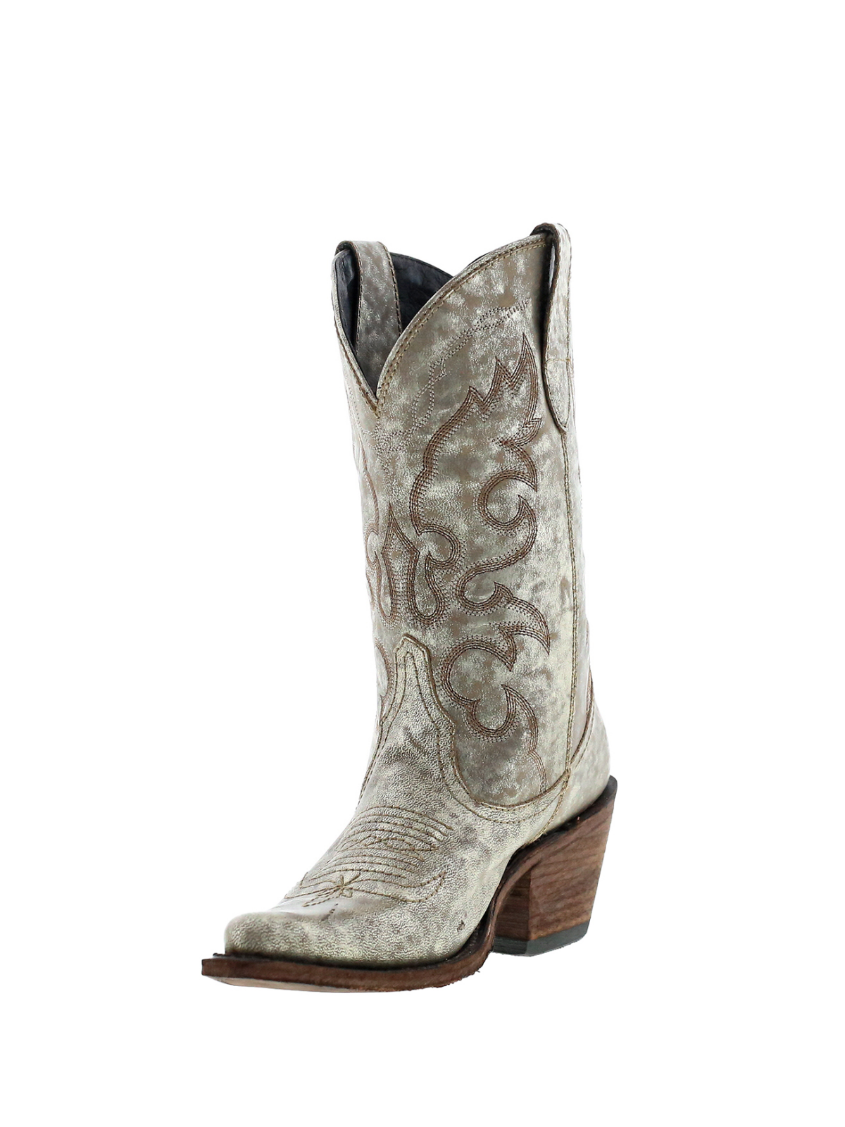 Distressed Metallic Embroidery Almond-Toe Wide Mid Calf Cowgirl Boots - Gray