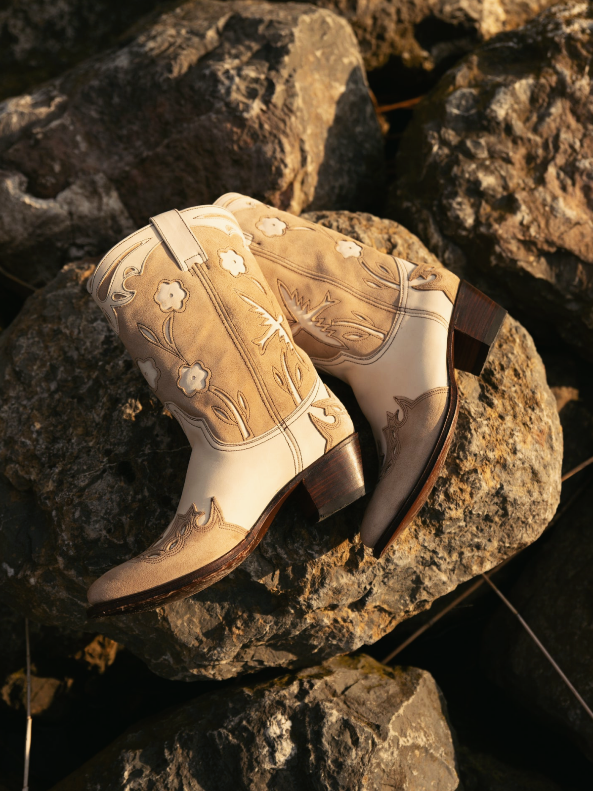 Contrast Ivory And Tan Faux Suede Pointed-Toe Wide Mid Calf Cowgirl Boots With Flower Inlay