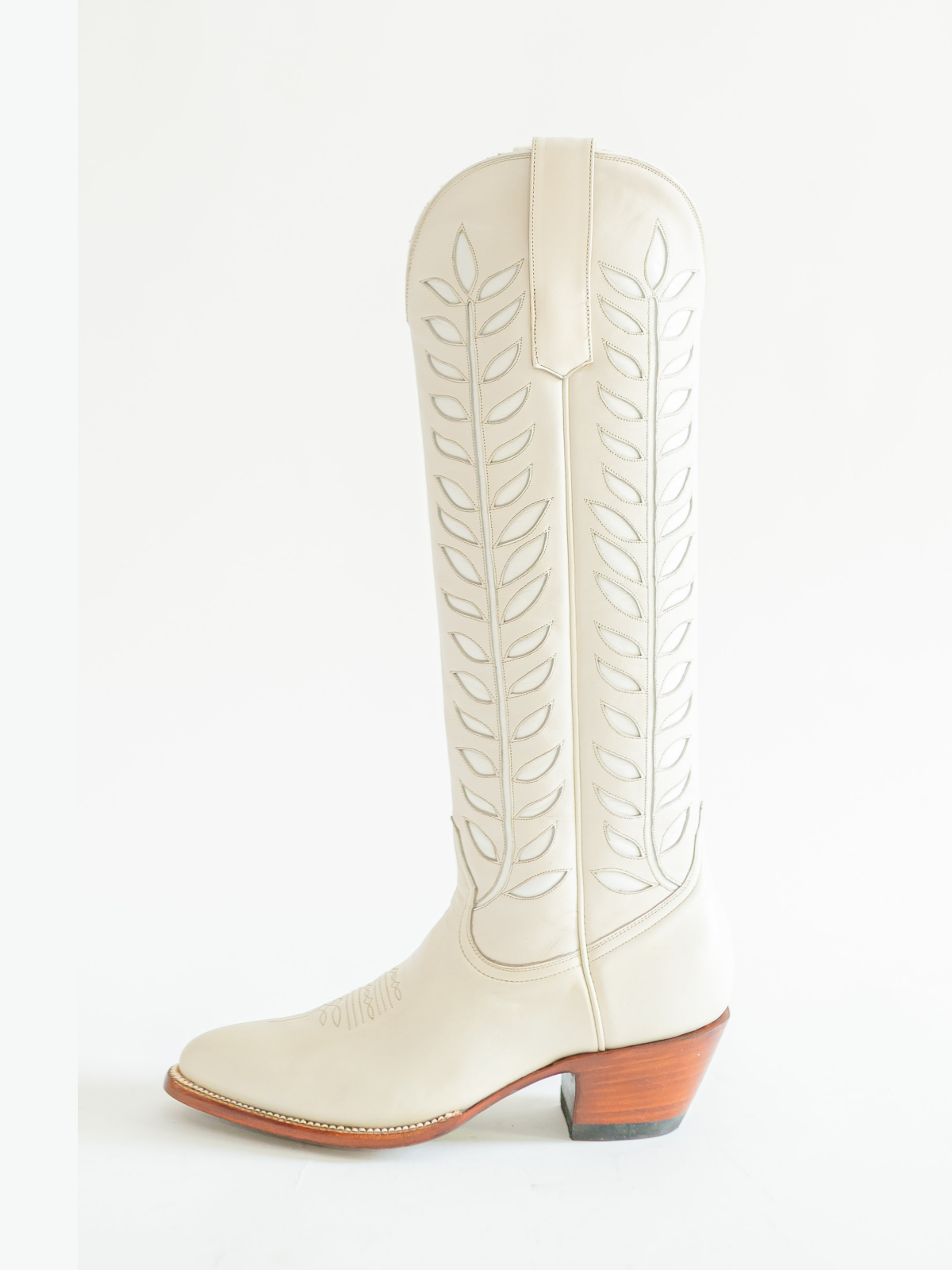 Almond-Toe Ivory Leaves Inlay Wide Calf Tall Knee High Cowgirl Boots - Cream