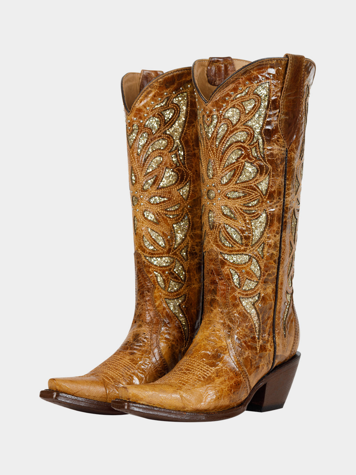 Distressed Honey Snip-Toe Studded Embroidery Glitter Inlay Wide Mid Calf Tall Cowgirl Boots