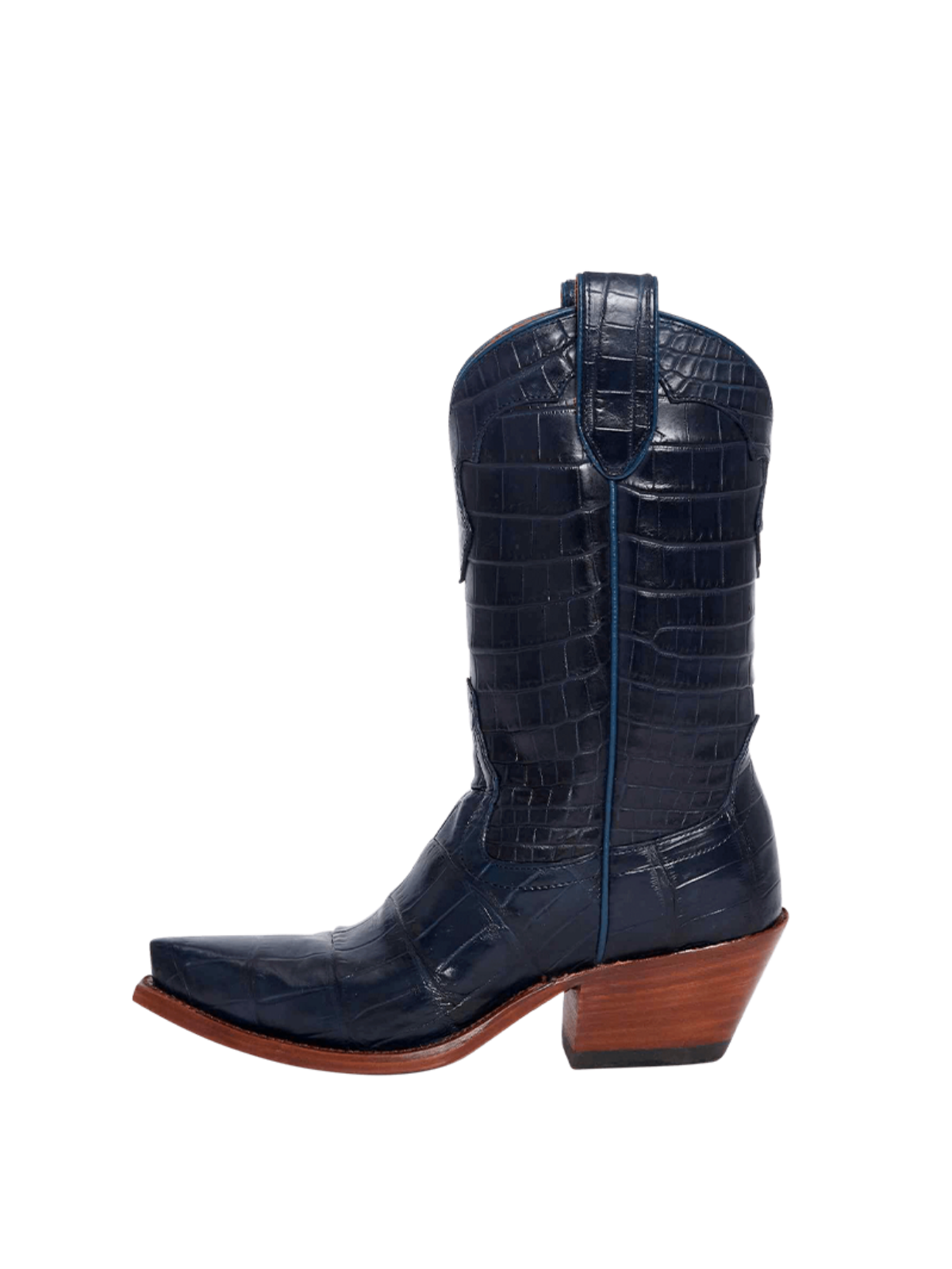 Snip-Toe Wide Mid Calf Cowgirl Boots - Navy Blue Crocodile-Embossed Vegan Leather