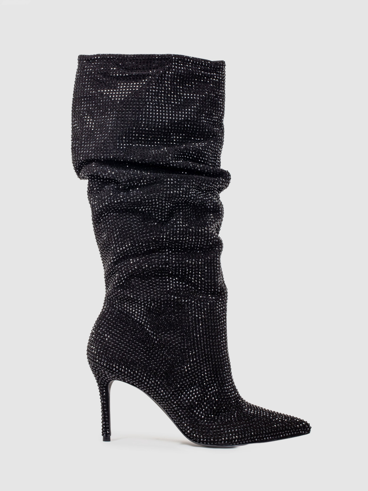 Black Faux Suede Pointed-Toe Crystal Slouchy Wide Mid Calf Stiletto Boots