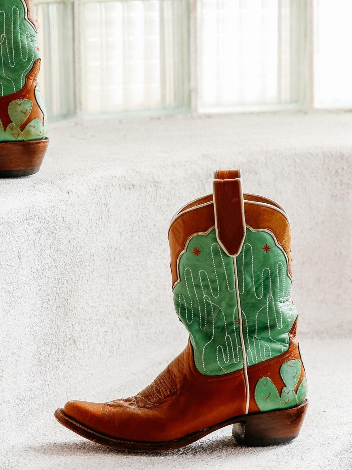 Contrast Tan And Green Flower Embroidery Cactus Applique Stitch Wide Mid Calf Cowgirl Boots