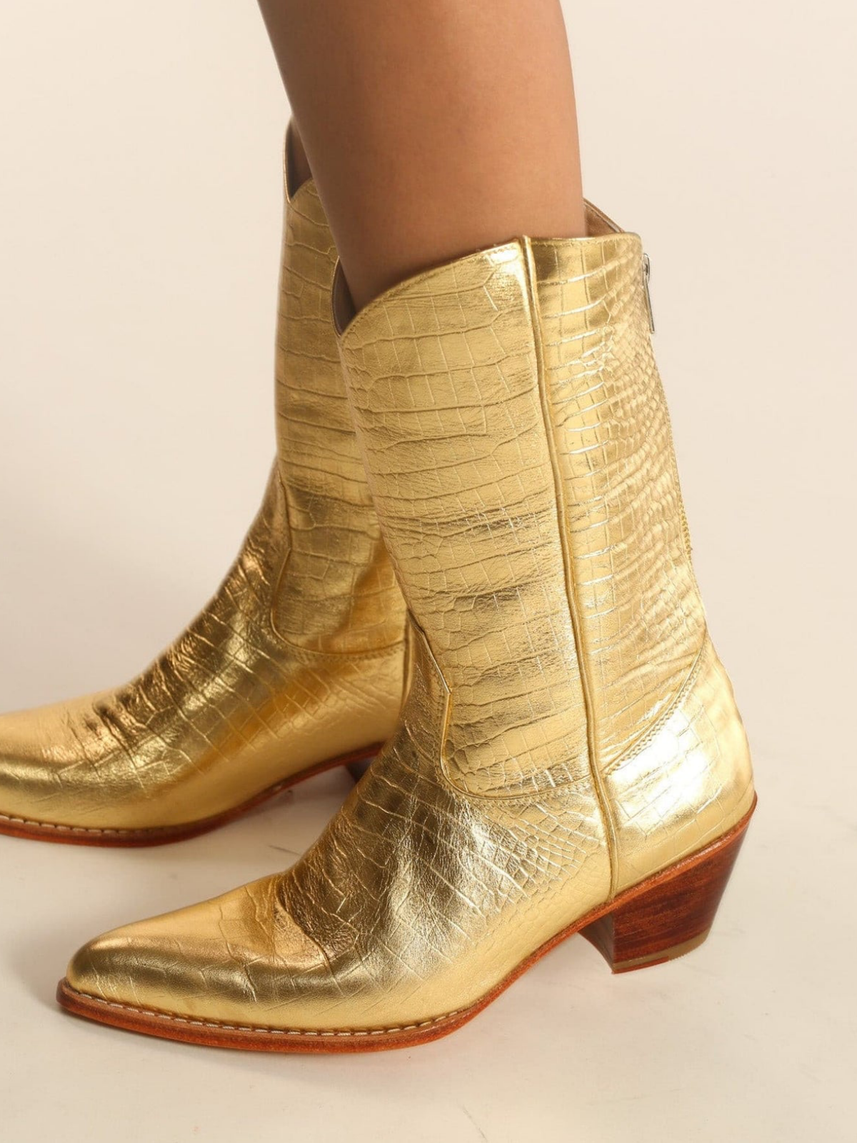 Metallic Gold Crocodile-Embossed Almond-Toe Back-Zip Mid Calf Cowgirl Boots