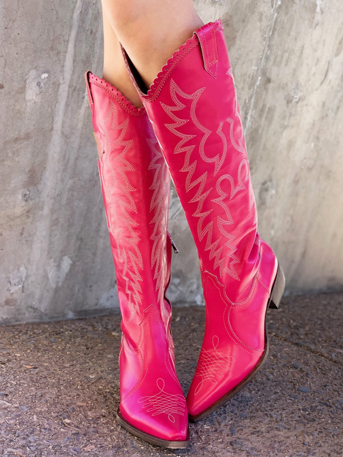 Snip-Toe Classic Embroidery Half-Zip Knee High Tall Cowgirl Boots - Hot Pink