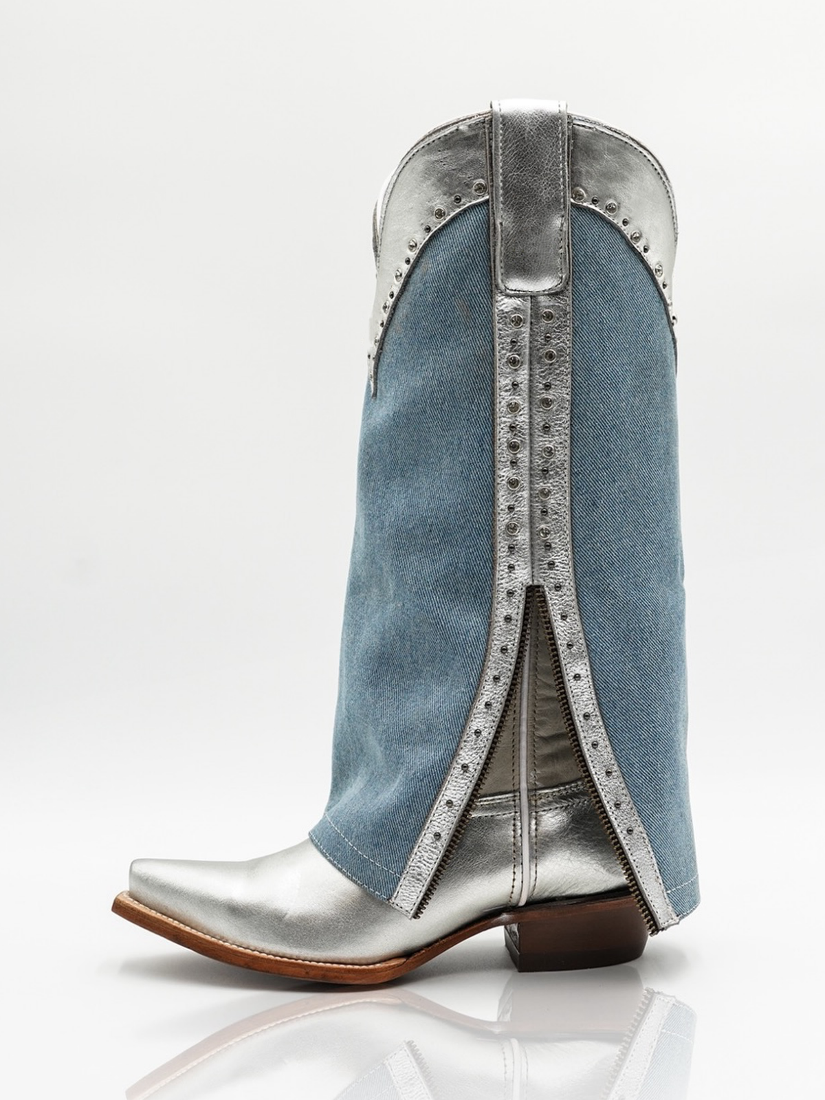 Metallic Silver Fold-Over Blue Denim Rhinestone Studded Half-Zip Mid Calf Tall Cowgirl Boots