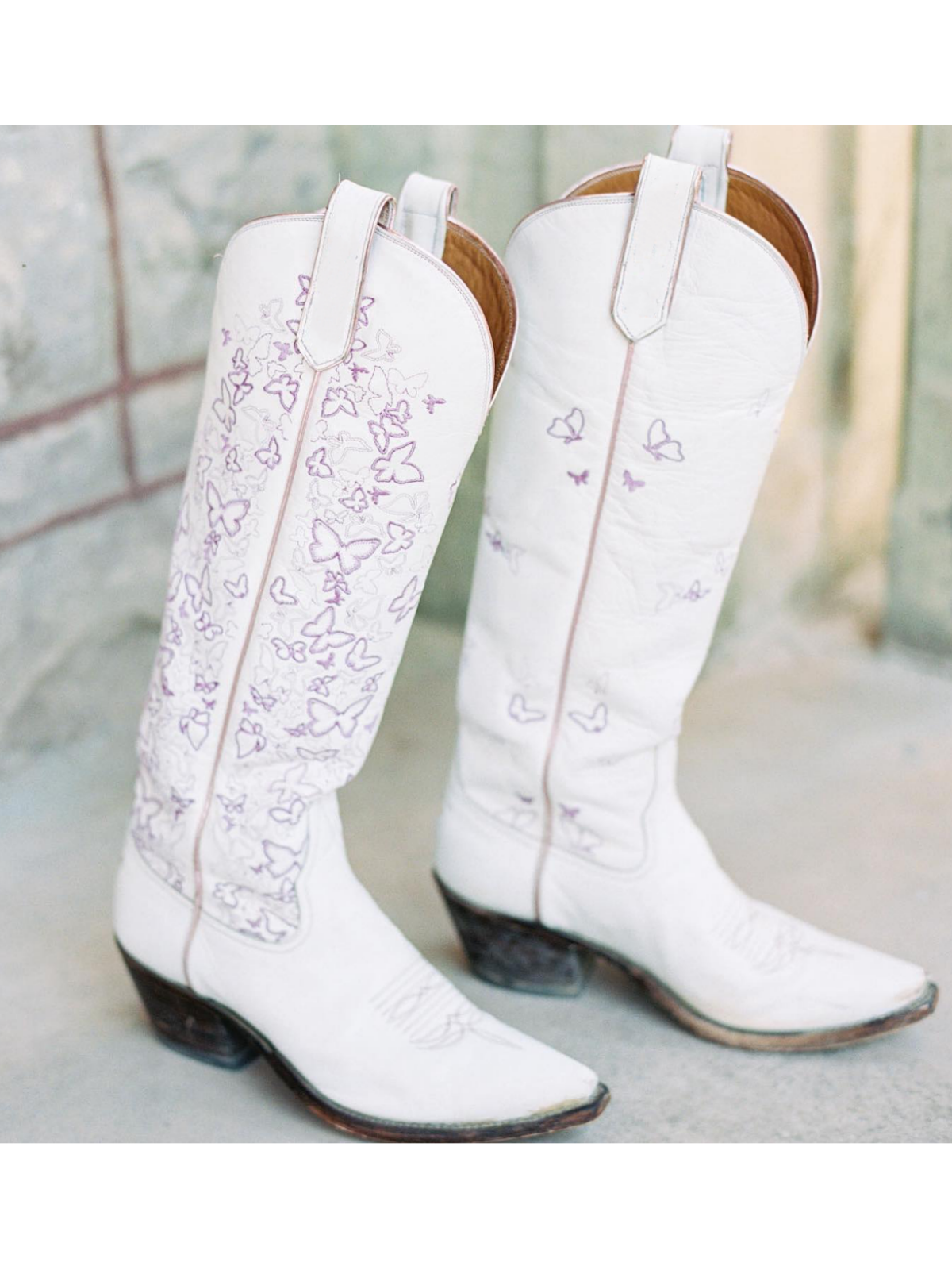 White Almond-Toe Butterfly Embroidery Wide Calf Knee High Tall Cowgirl Boots