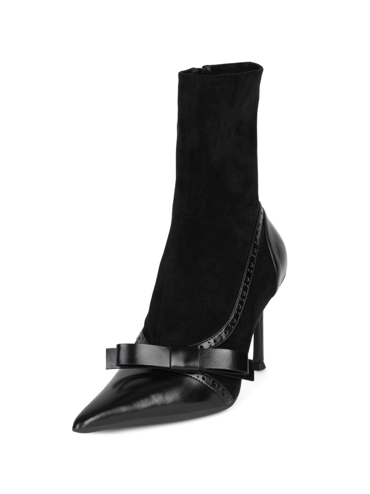 Black Pointed-Toe Full-Zip Mid Calf Stiletto Boots With Bow