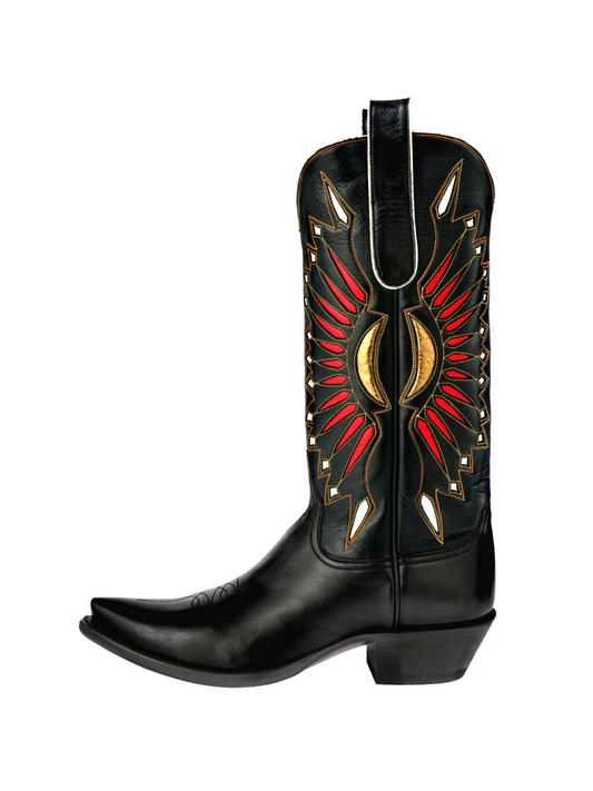 Black Moonburst Inlay Snip-Toe Wide Mid Calf Cowgirl Tall Boots