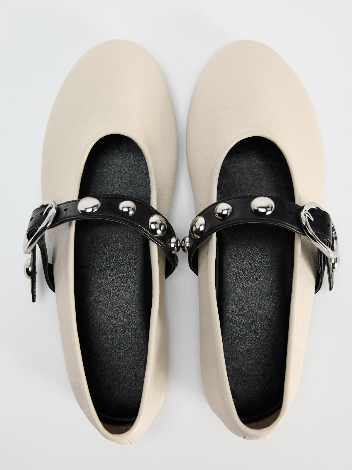 Ivory Round-Toe Studded Strap With Buckle Closure At Instep Ballet Flats