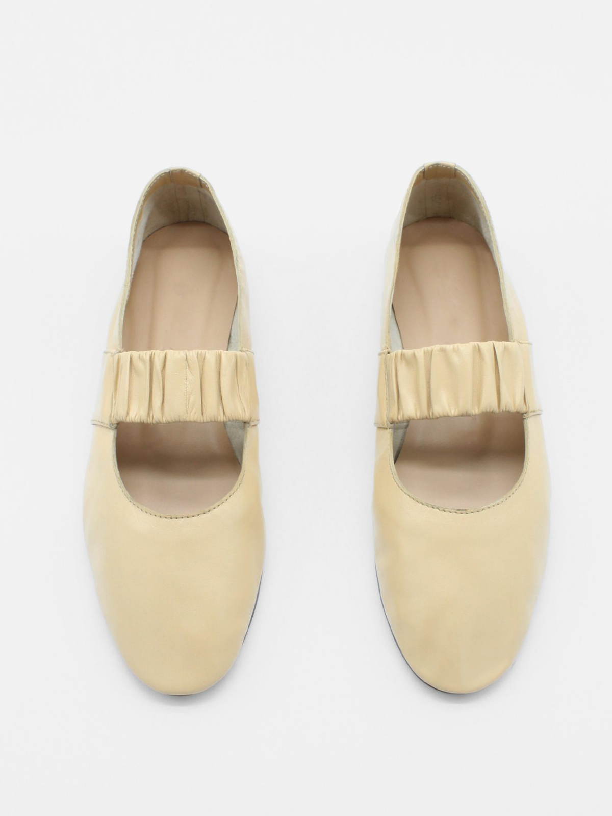 Sand Round-Toe Mary Janes Flat Shoes With Gathered Elastic Band