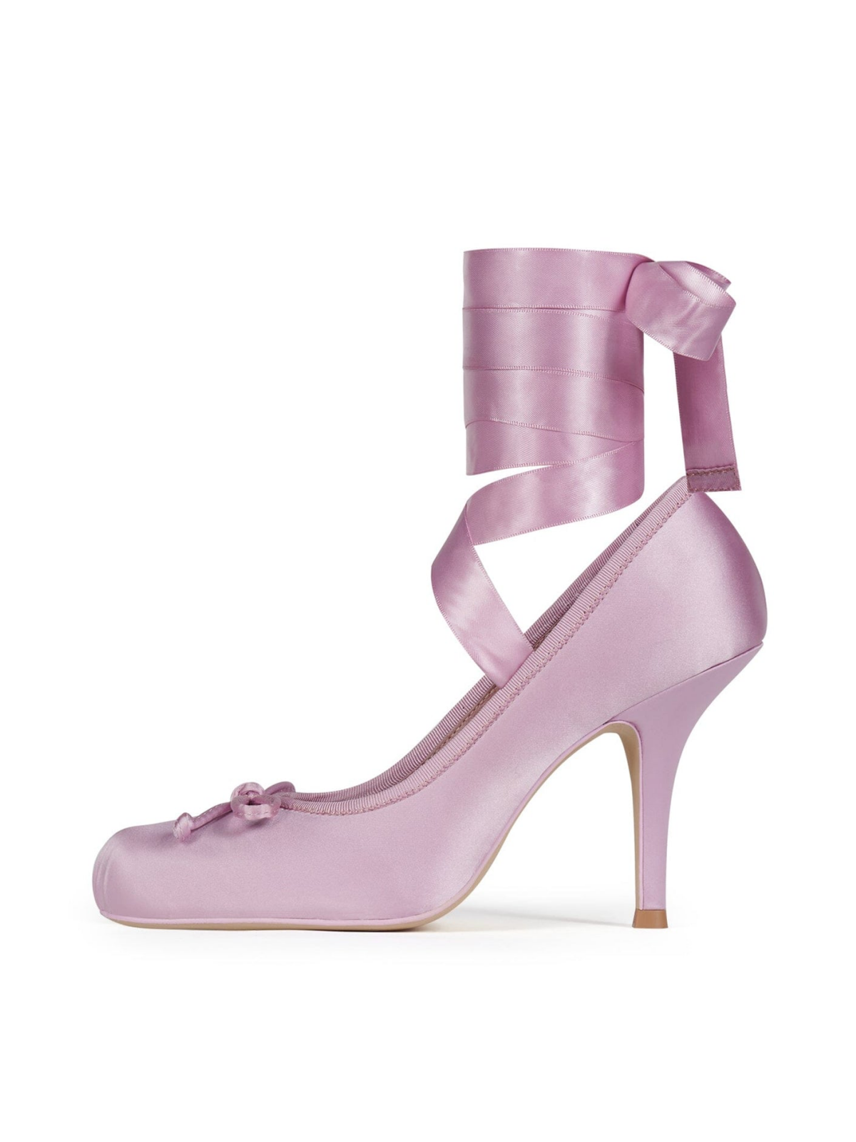 Satin Square-Toe Bow And Thick Ankle Strap Pump High Heels - Lilac