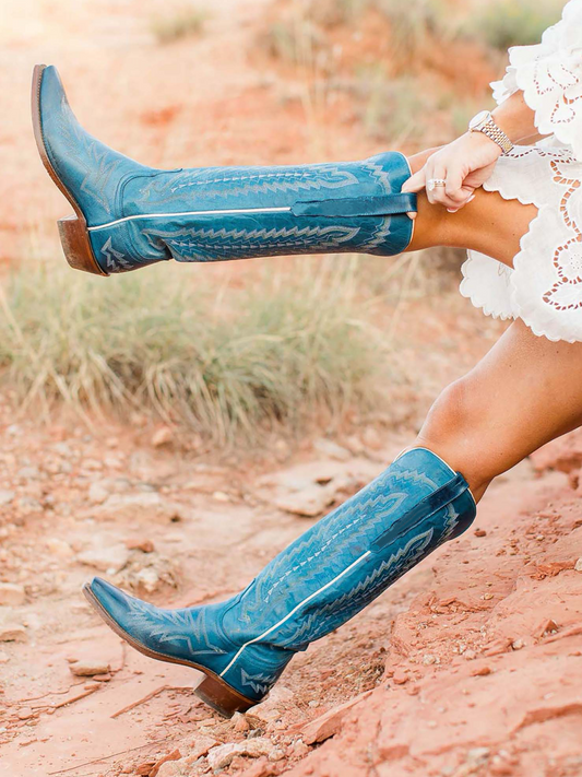 Crinkle Snip-Toe Embroidery Wide Calf Knee High Tall Cowgirl Boots - Blue