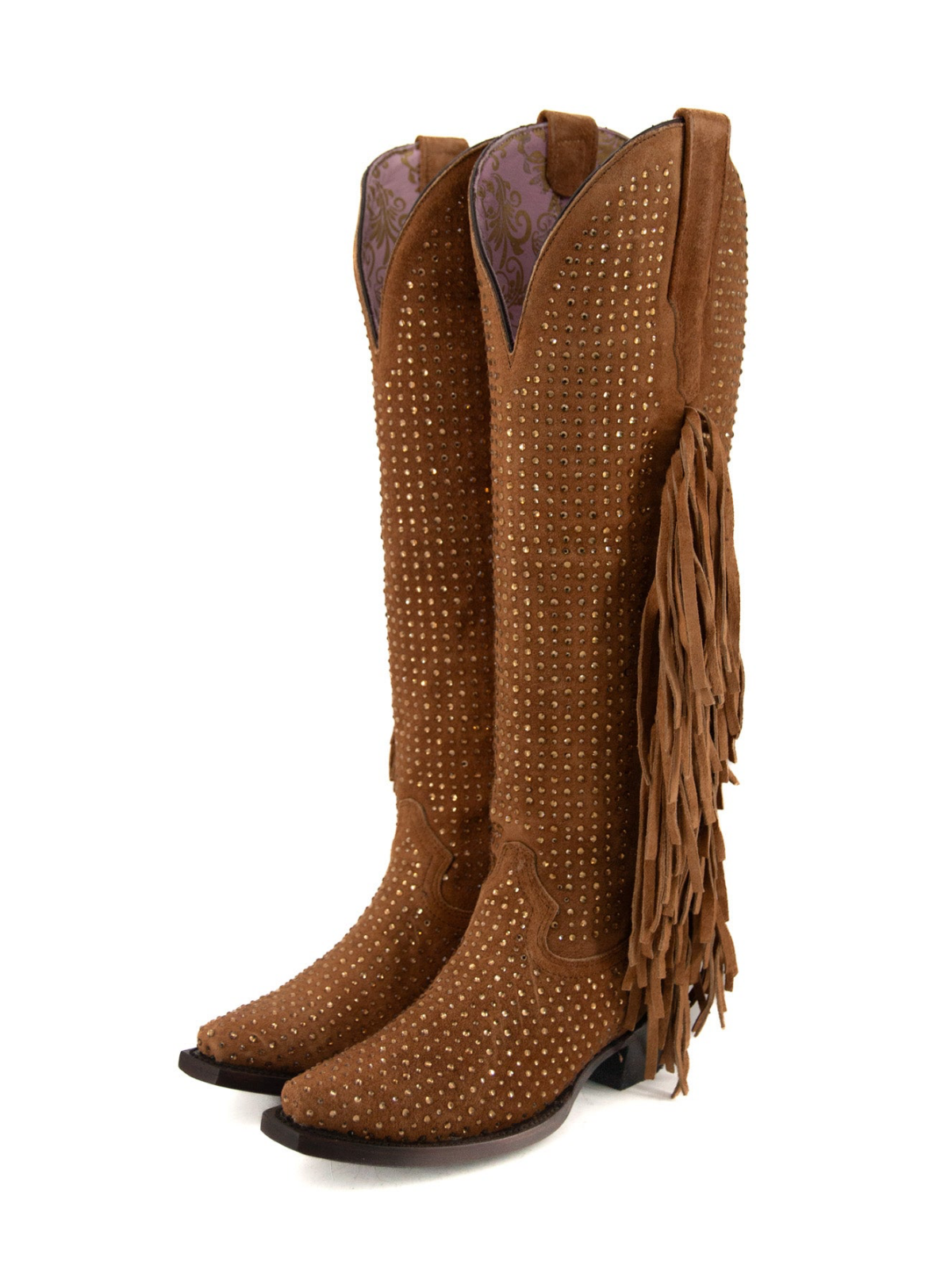 Brown Faux Suede Snip-Toe Half-Zip Fringe Rhinestone Knee High Tall Cowgirl Boots