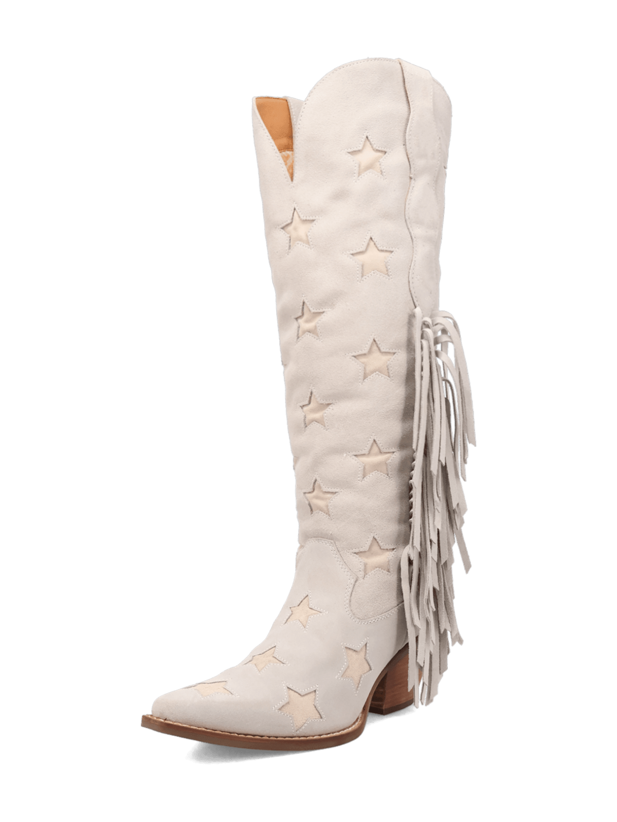 Ivory Faux Suede Snip-Toe Fringe Star Inlay Wide Calf Knee High Tall Cowgirl Boots