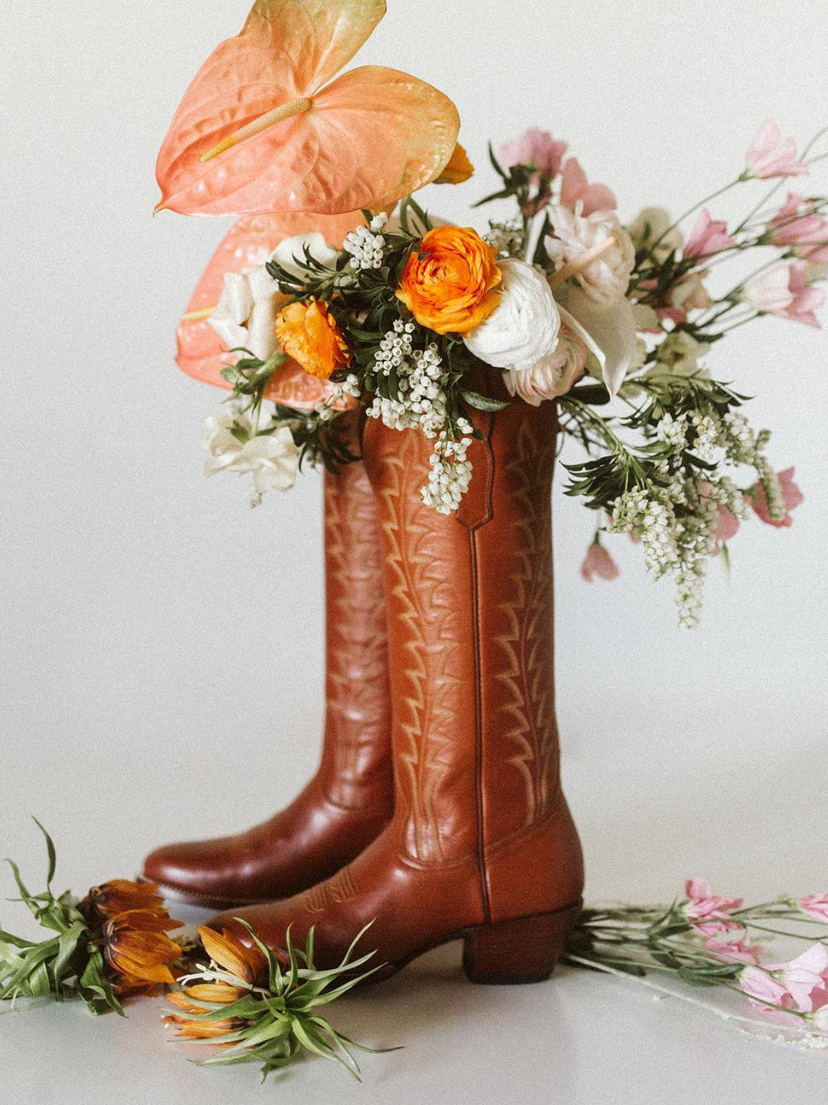 Cinnamon Brown Vegan Leather Embroidery Almond-Toe Wide Mid Calf Tall Cowgirl Boots