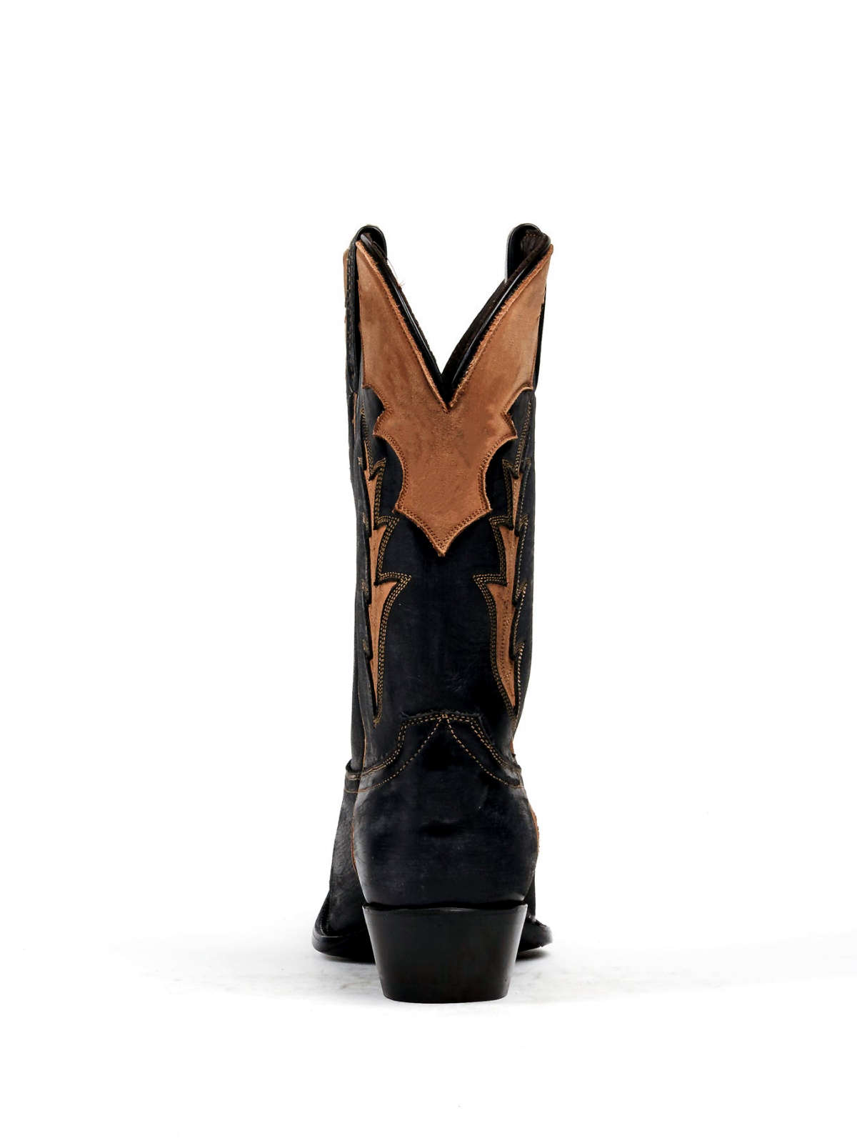 Black Snip-Toe Tan Inlay Applique Wide Mid Calf Cowgirl Boots