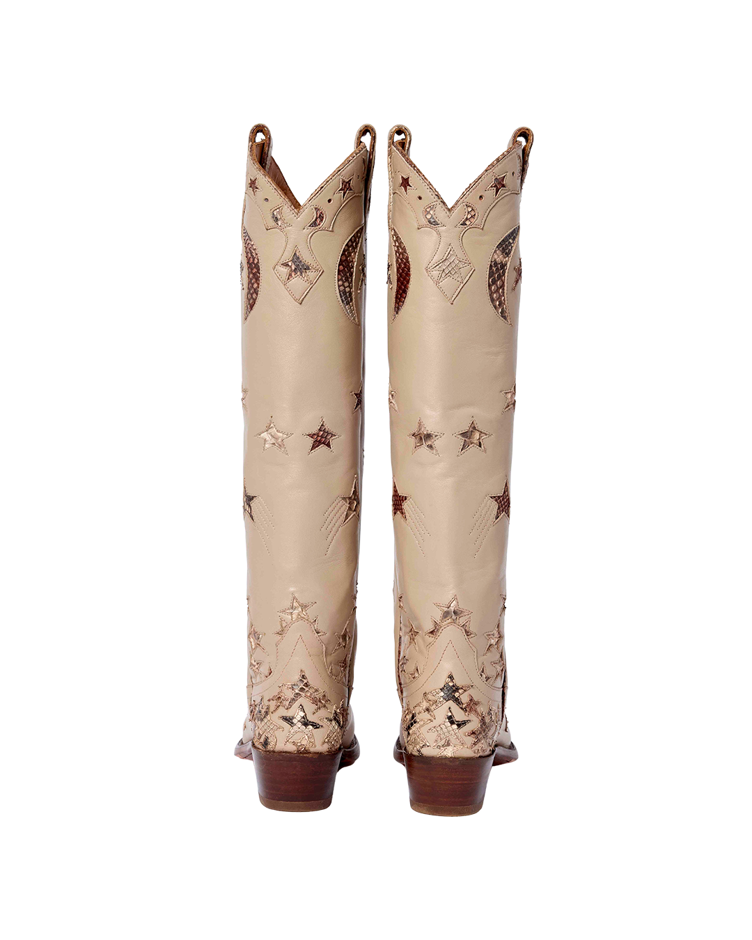 Beige Snip-Toe Snakeskin Star And Moon Inlay Wide Calf Tall Knee High Cowgirl Boots