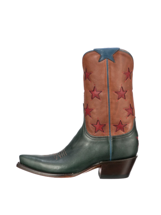 Star Inlays Snip-Toe Wide Mid Calf Western Boots For Women - Contrast Green And Tan