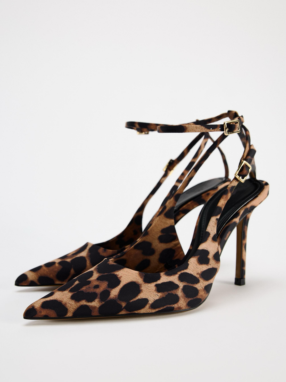 Leopard Print Cloth Pointy High Heels Pumps With Buckled Ankle Strap