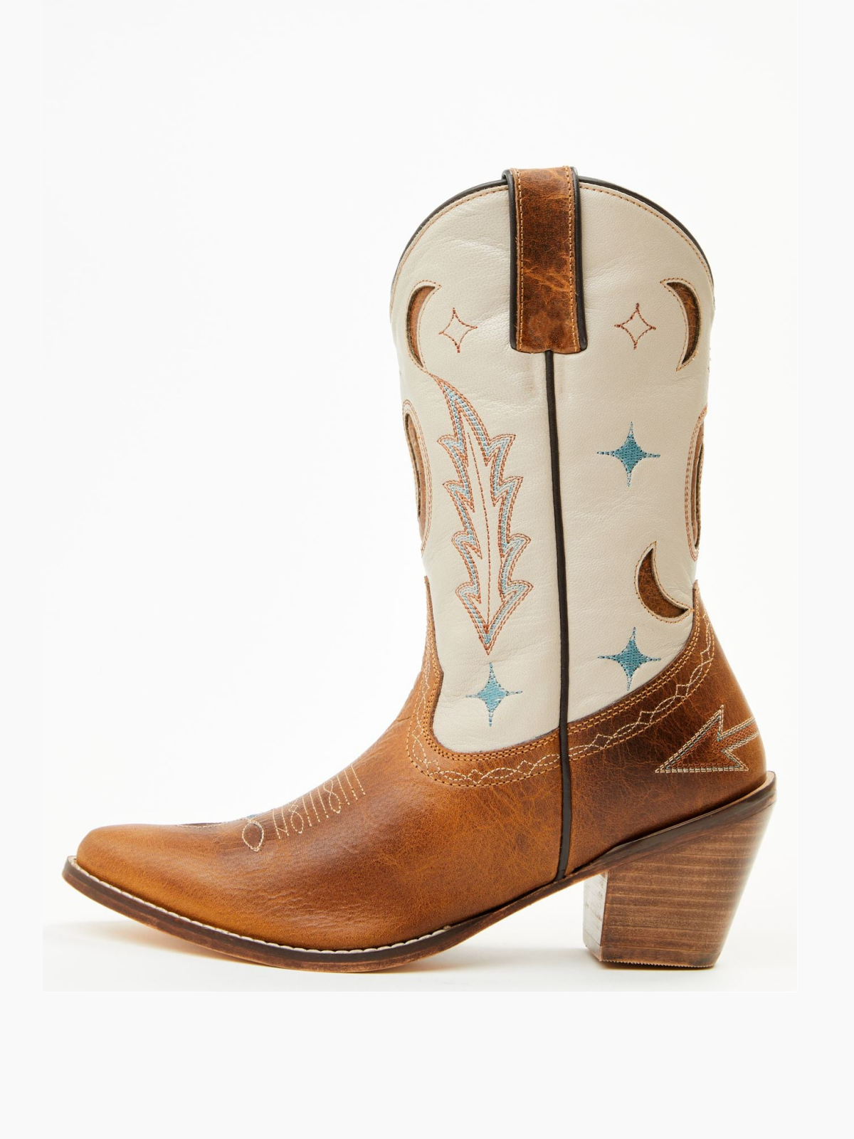 Contrast Brown And Ivory Almond-Toe Embroidery Moon Inlay Wide Mid Calf Cowgirl Boots