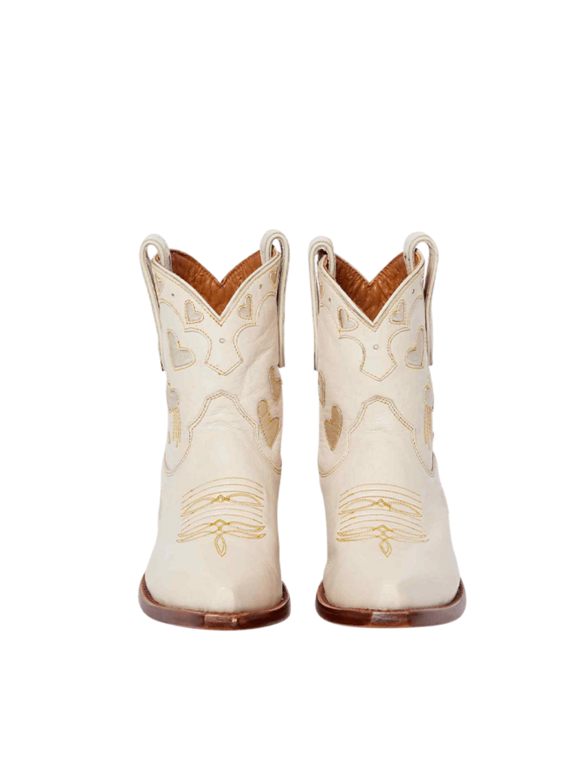 Cream Snip-Toe Western Ankle Booties With Metallic Gold Heart Inlay