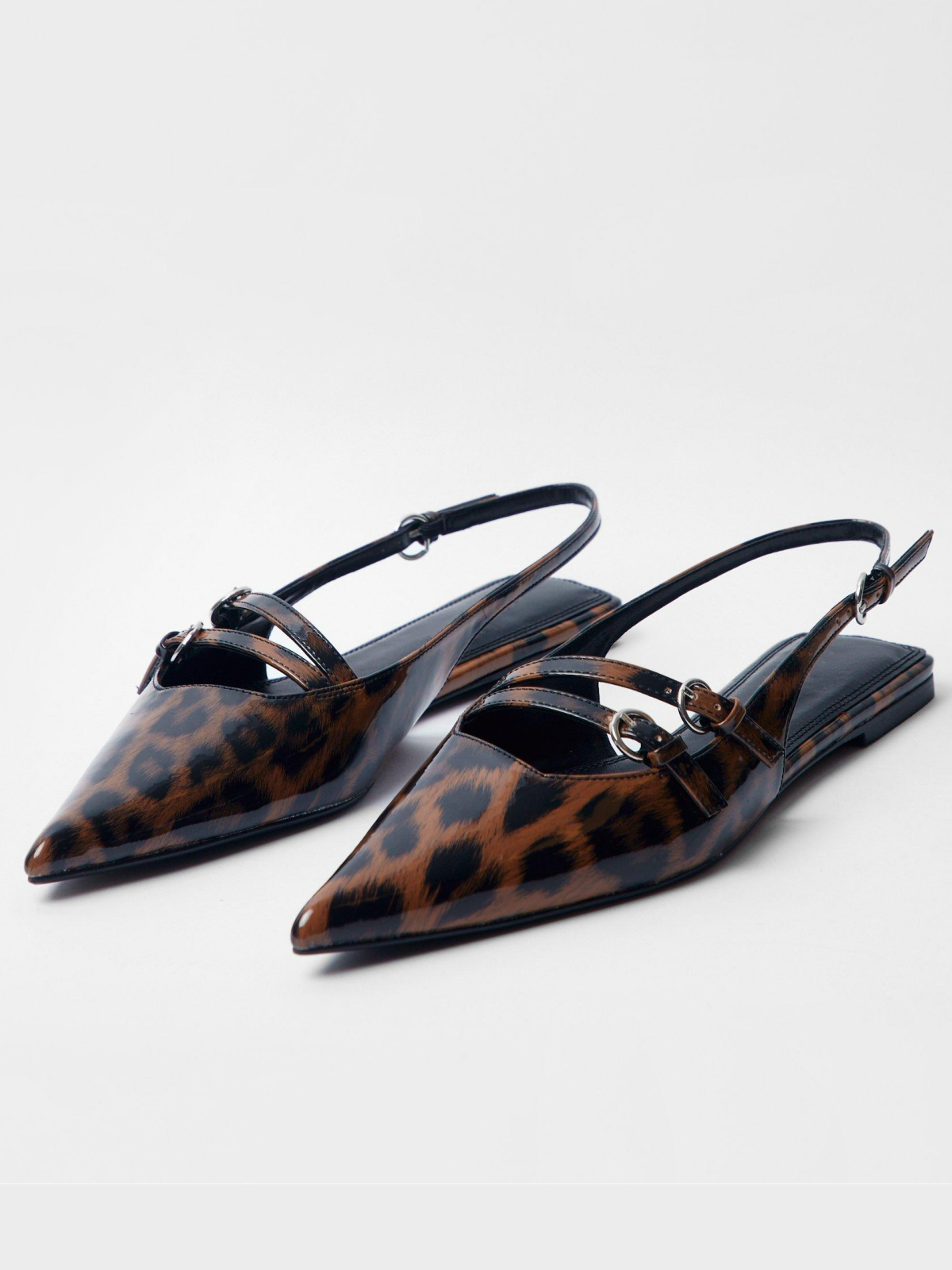 Leopard Patent Pointed-Toe Double Strap SlingBack Flats