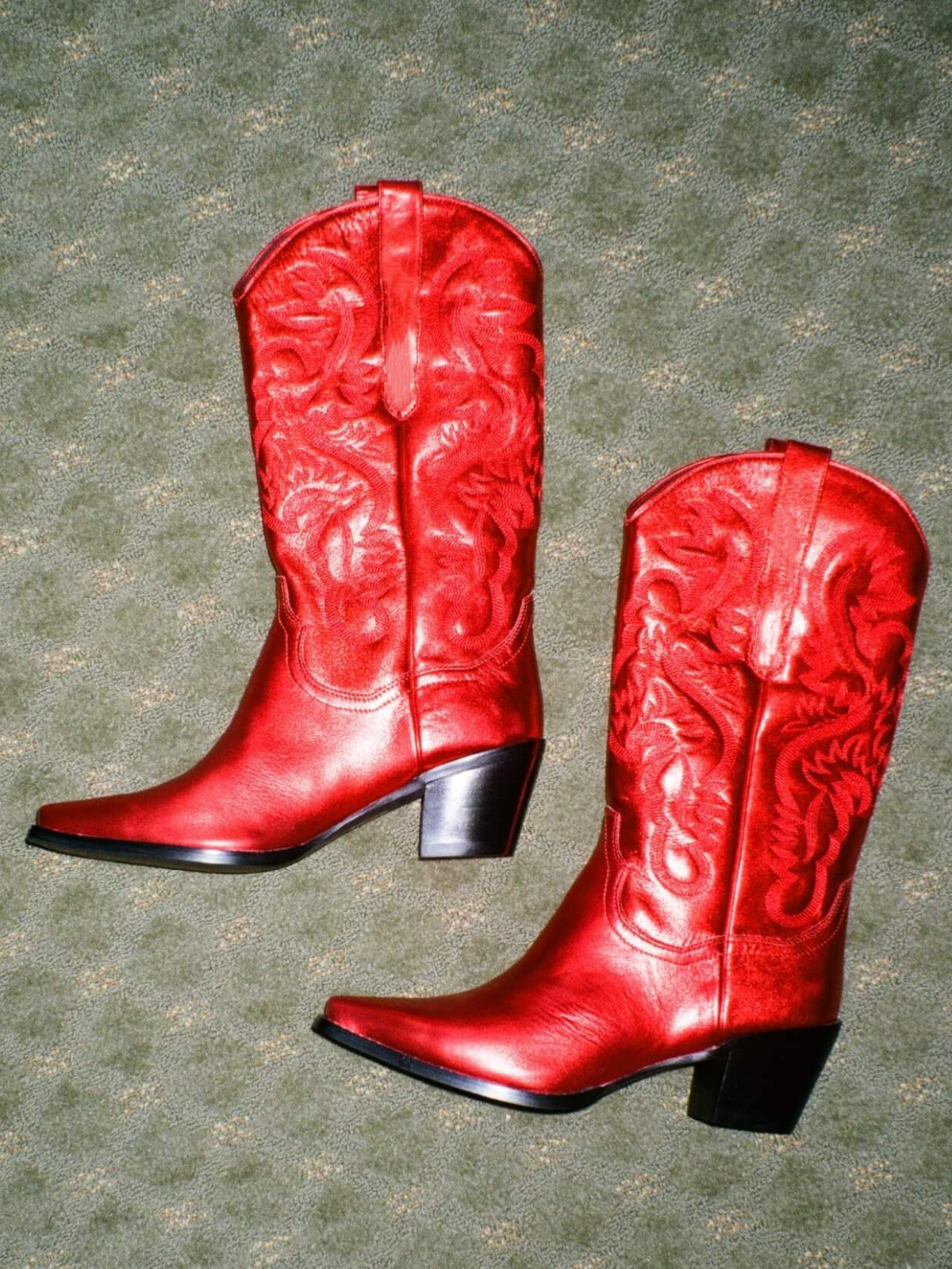 Metallic Red Snip-Toe Western Embroidery Wide Mid Calf Tall Cowgirl Boots