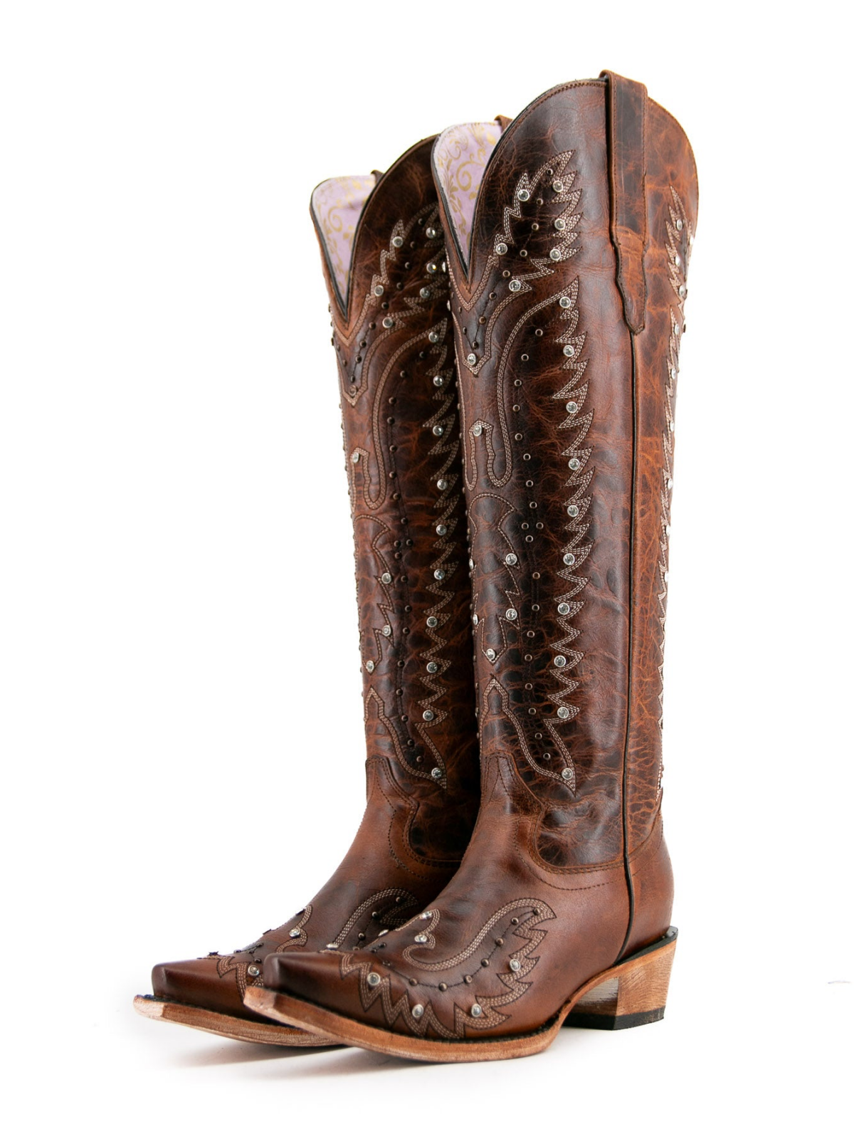 Distressed Brown Snip-Toe Studded Eagle Embroidery Half-Zip Knee High Cowgirl Boots