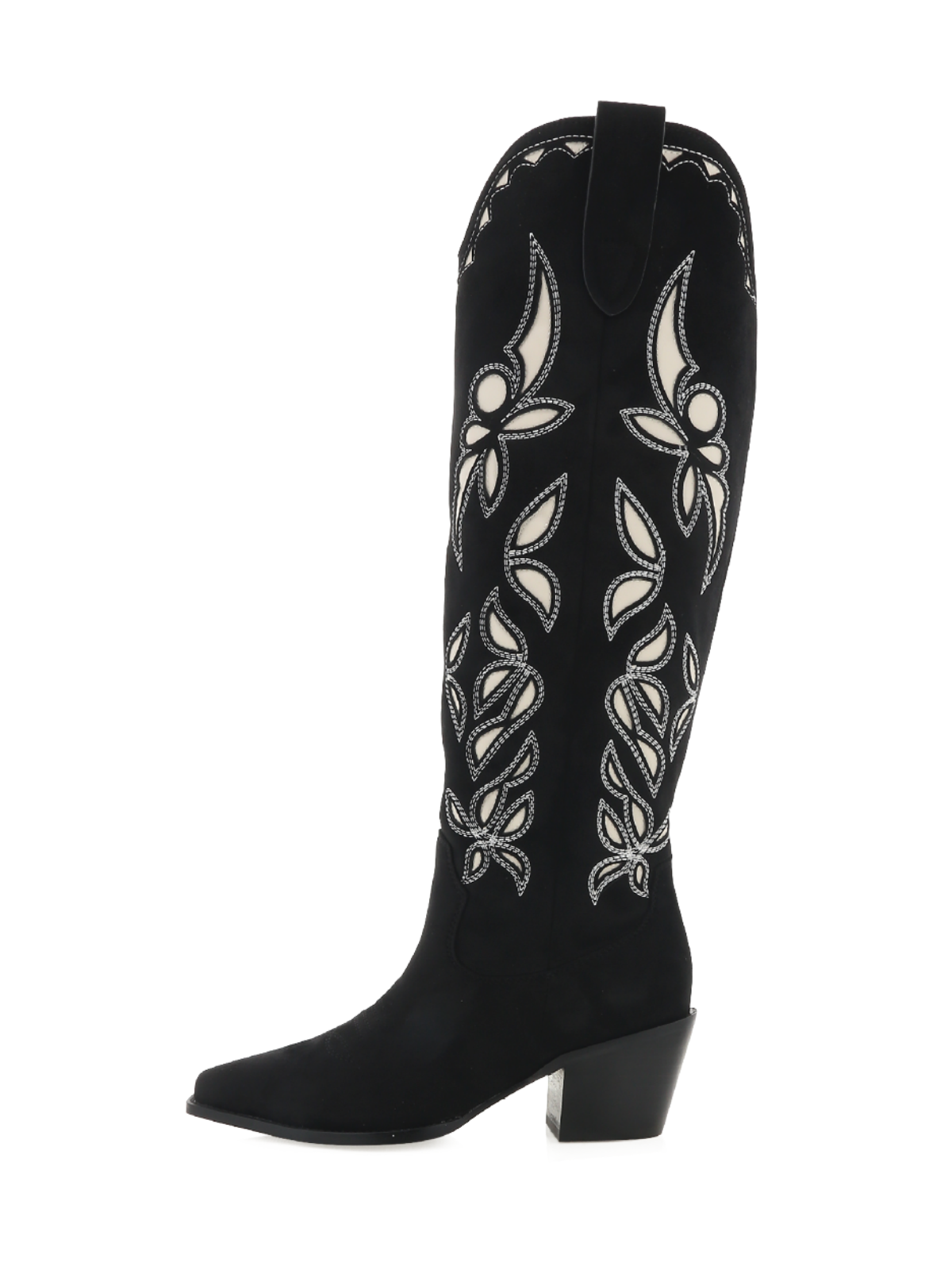 Black Faux Suede Snip-Toe Embroidery And Inlay Wide Calf Tall Knee High Cowgirl Boots