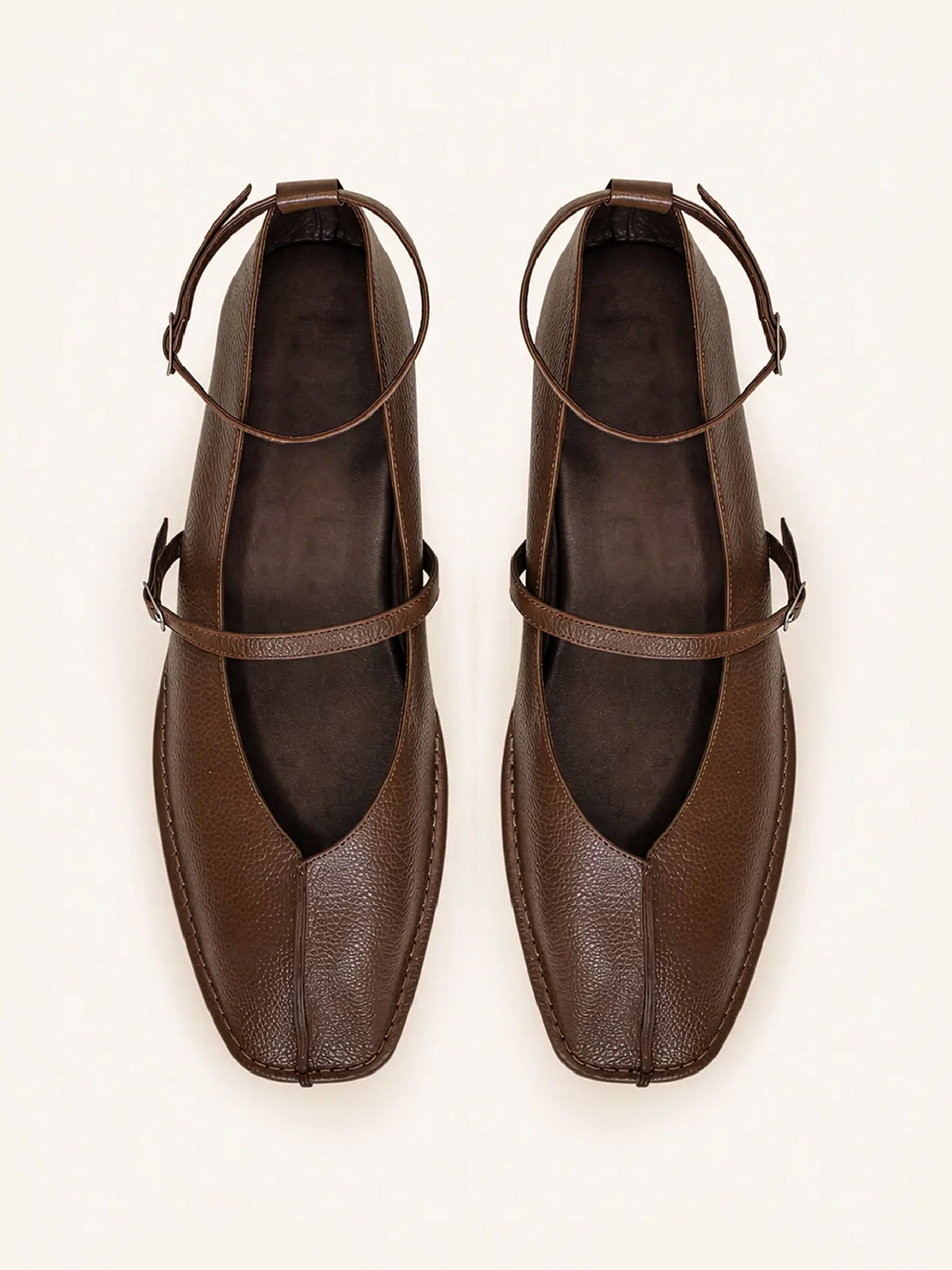 Dark Brown Square-Toe Buckle Middle And Ankle Strap Chic Flats