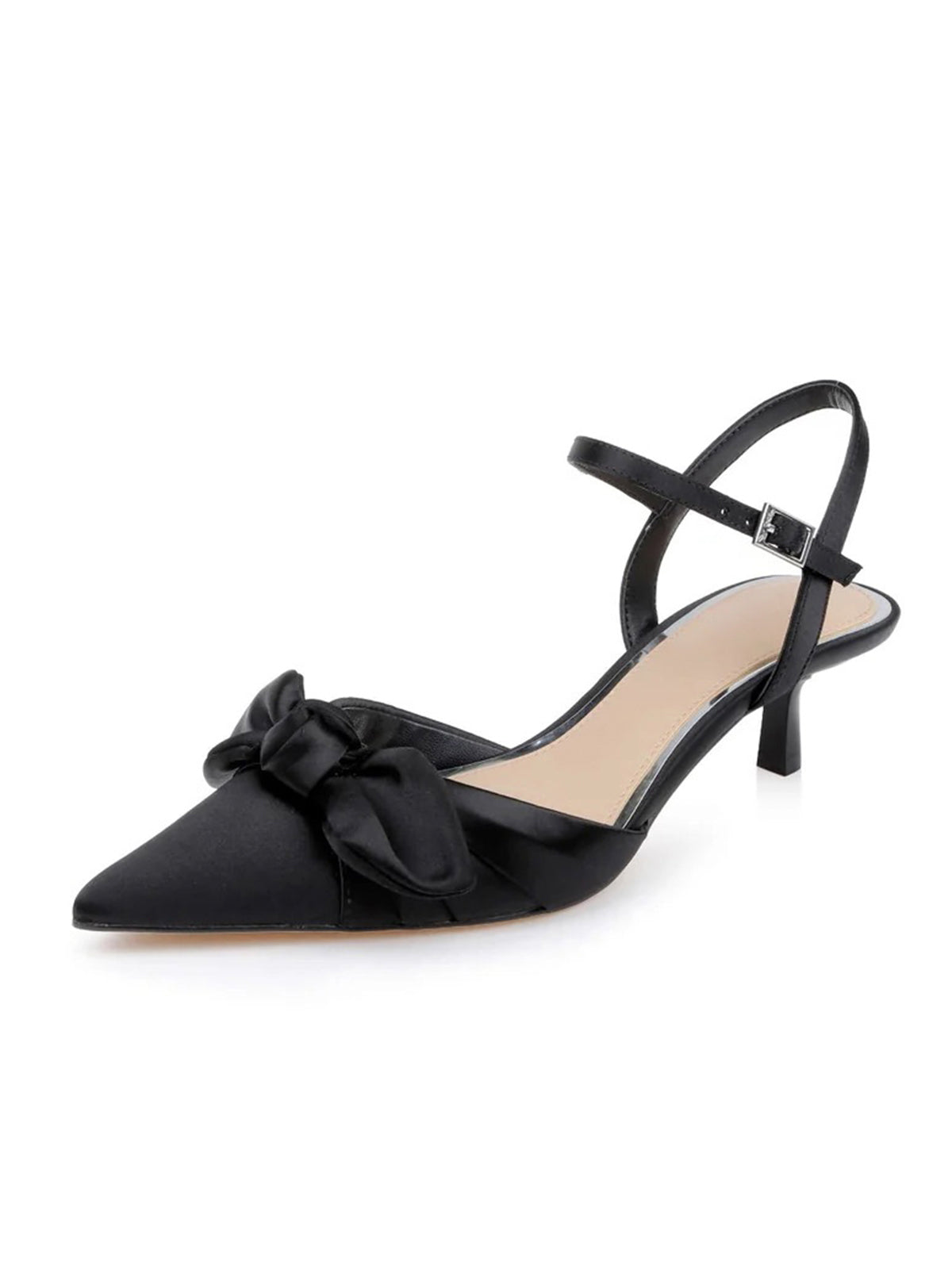 Black Satin Pointed-Toe Front Bow Crossed Slingback Chic Kitten Heels