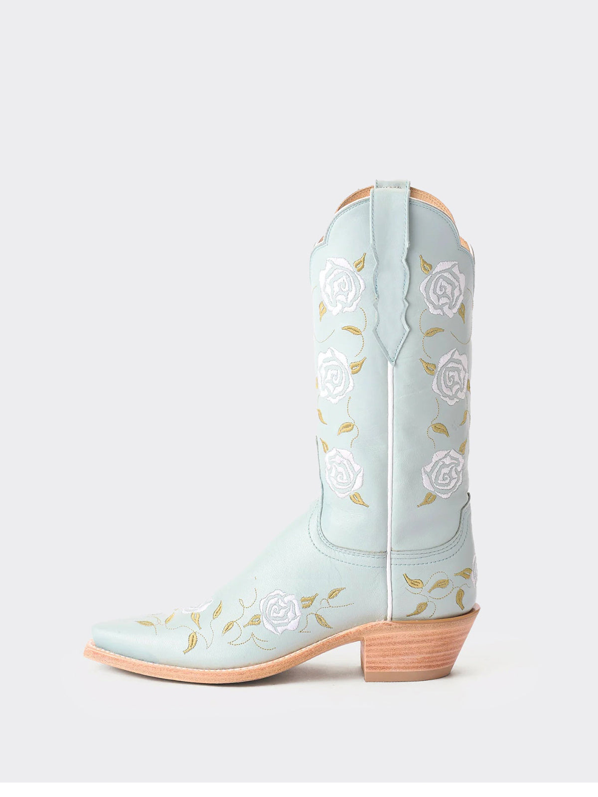 Powder Blue Snip-Toe Rose Embroidery Mid Calf Cowgirl Boots