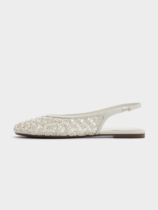 White Woven Vegan Leather Round-Toe Chic Back Strap Flats