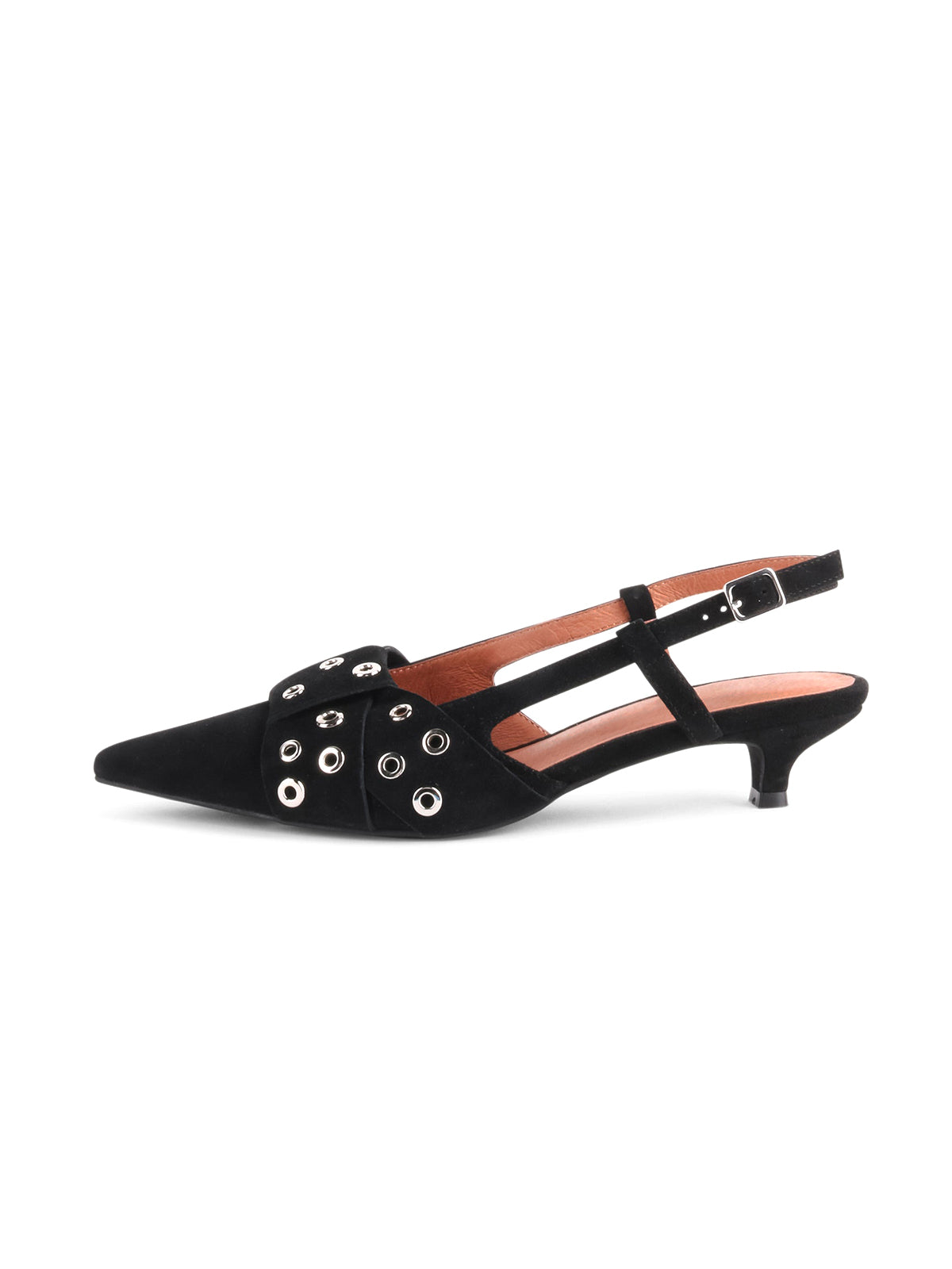 Black Faux Suede Pointed-Toe Front Eyelets Back Strap Kitten Heels