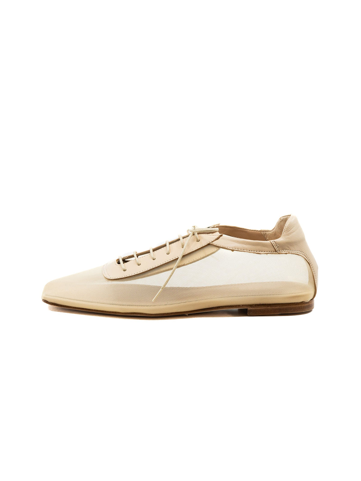 Beige Mesh And Vegan Leather Square-Toe Lace-Up Simple Flats
