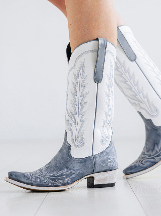 Contrast White And Dusty Blue Snip-Toe Chic Embroidery Mid Calf Cowgirl Boots