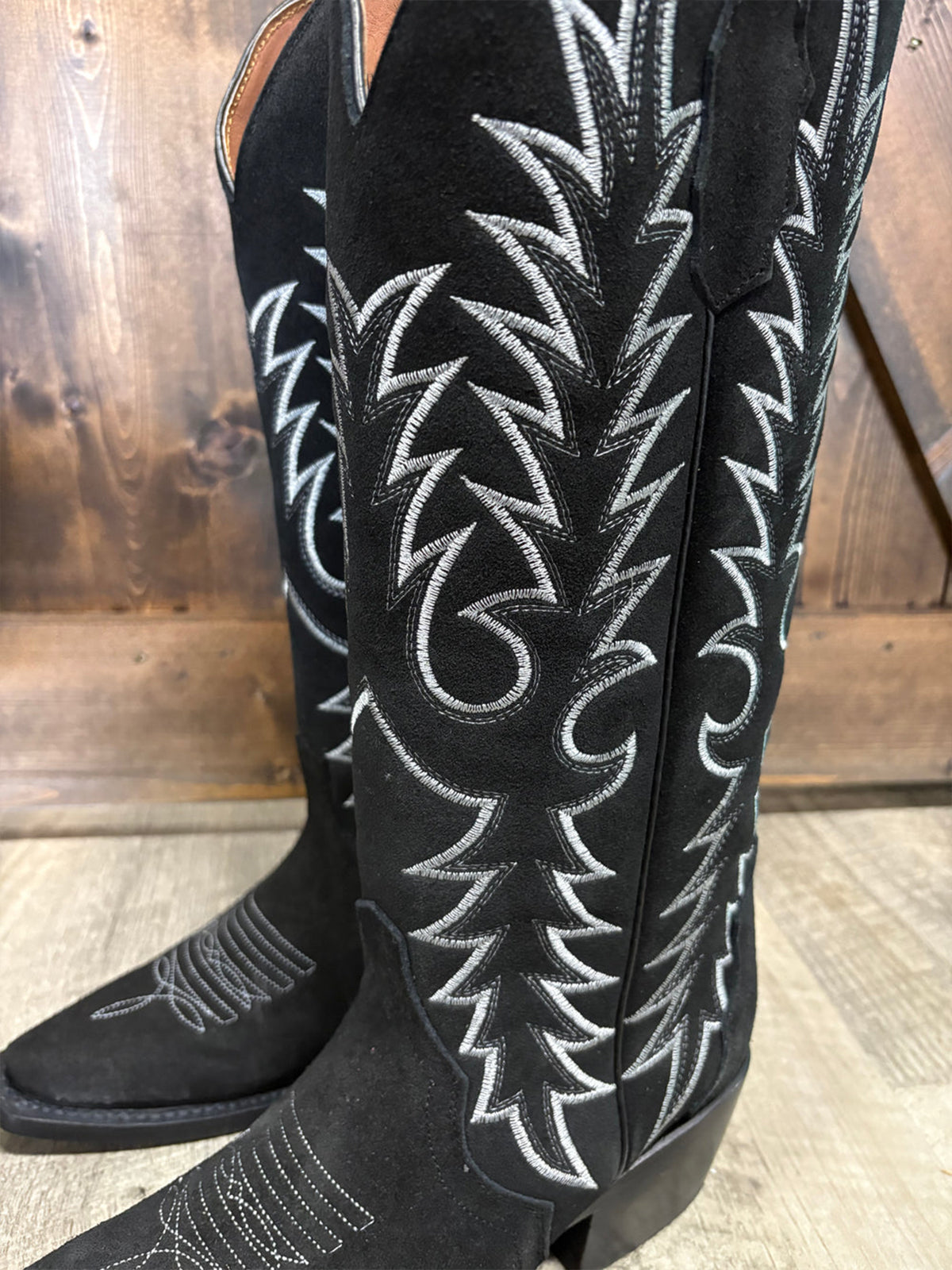 Black Faux Suede Snip-Toe Classic Embroidery Wide Calf Knee High Cowgirl Boots
