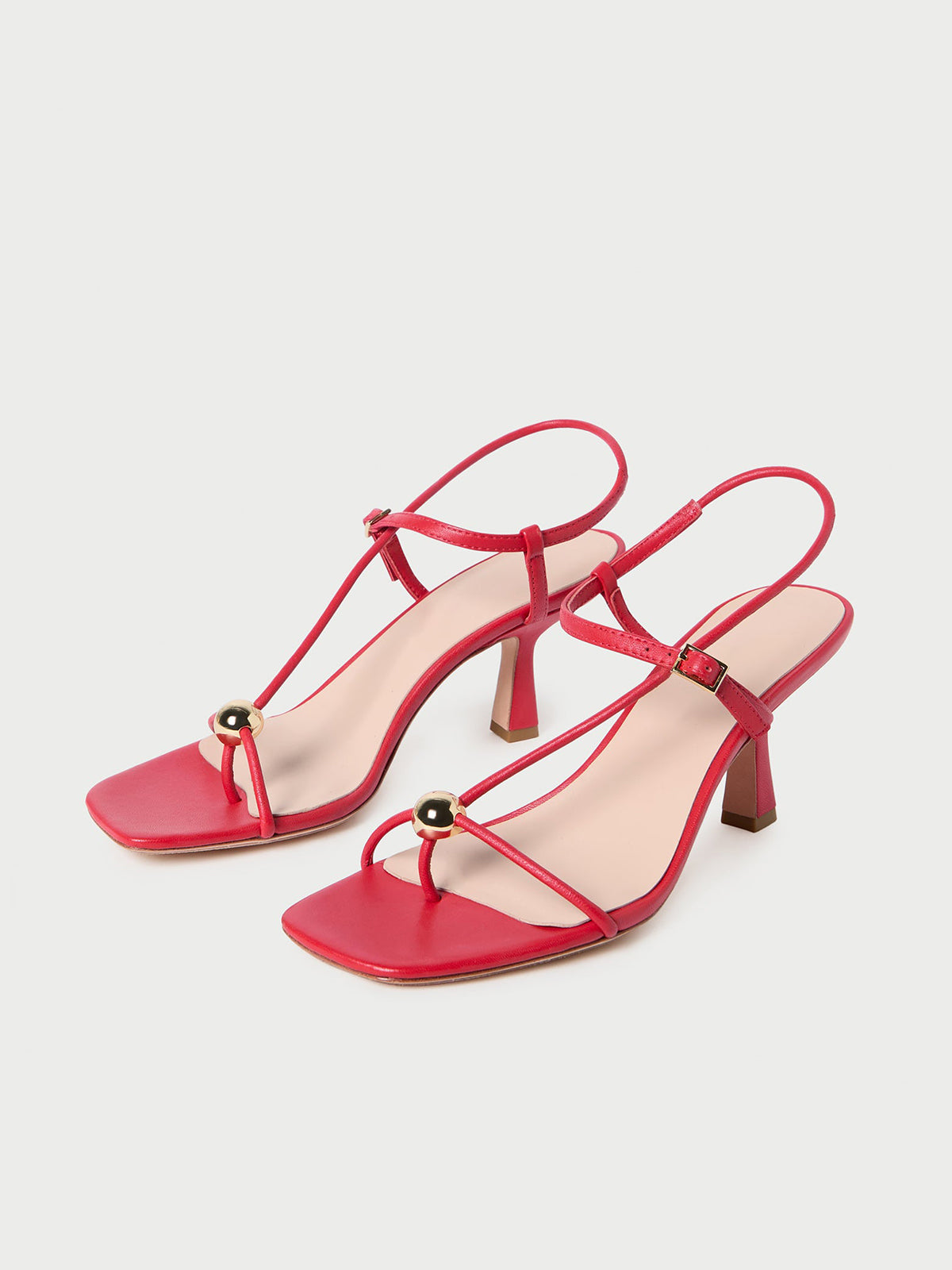 Red Square-Toe Buckle Strappy Kitten Heels With One Silver Ball