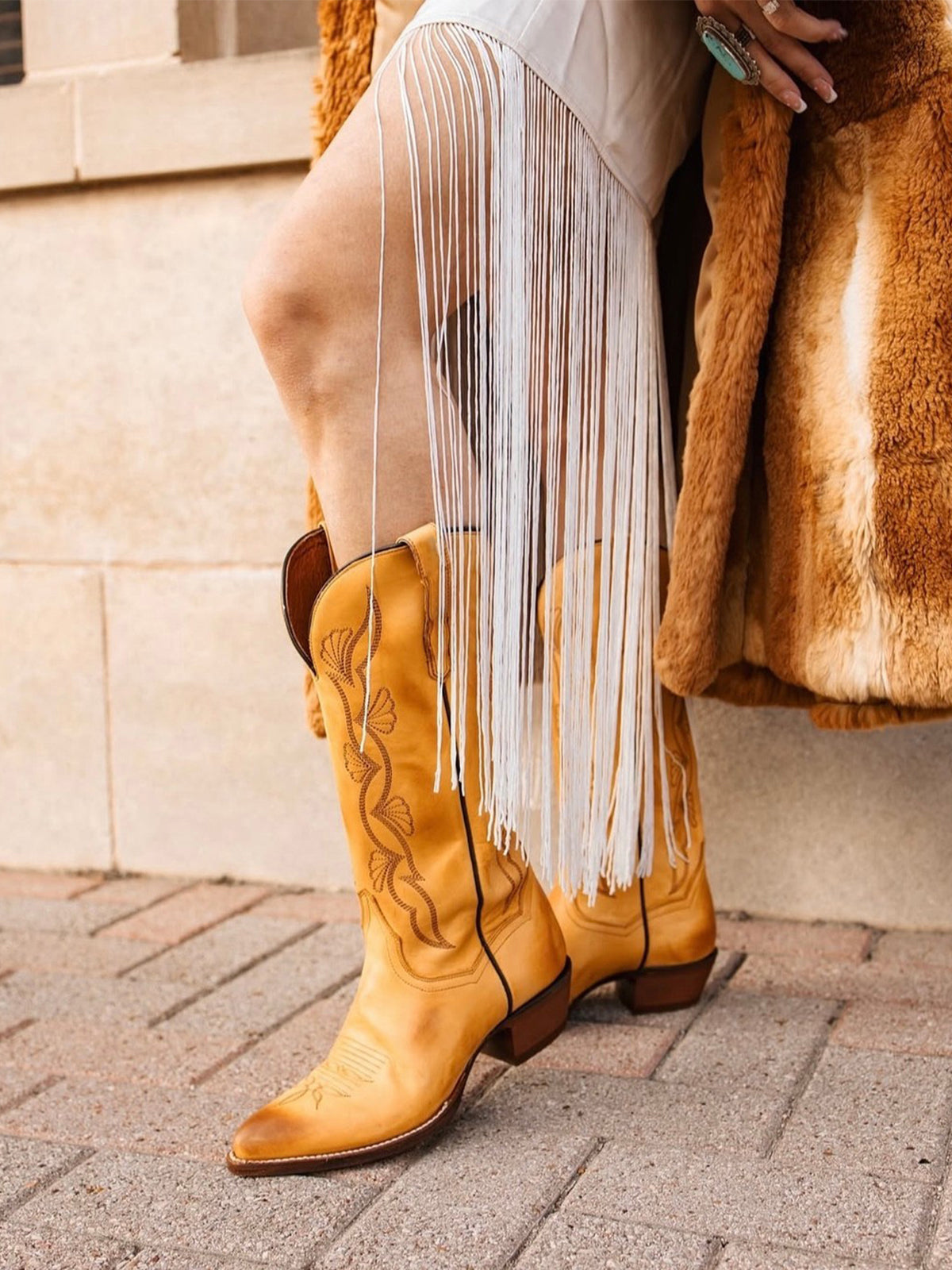 Mustard Yellow Almond-Toe Fan-Shaped Embroidery Wide Knee High Cowgirl Boots