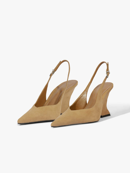 Brown Faux Suede Pointed-Toe Slip-On Buckle Slingback Pumps