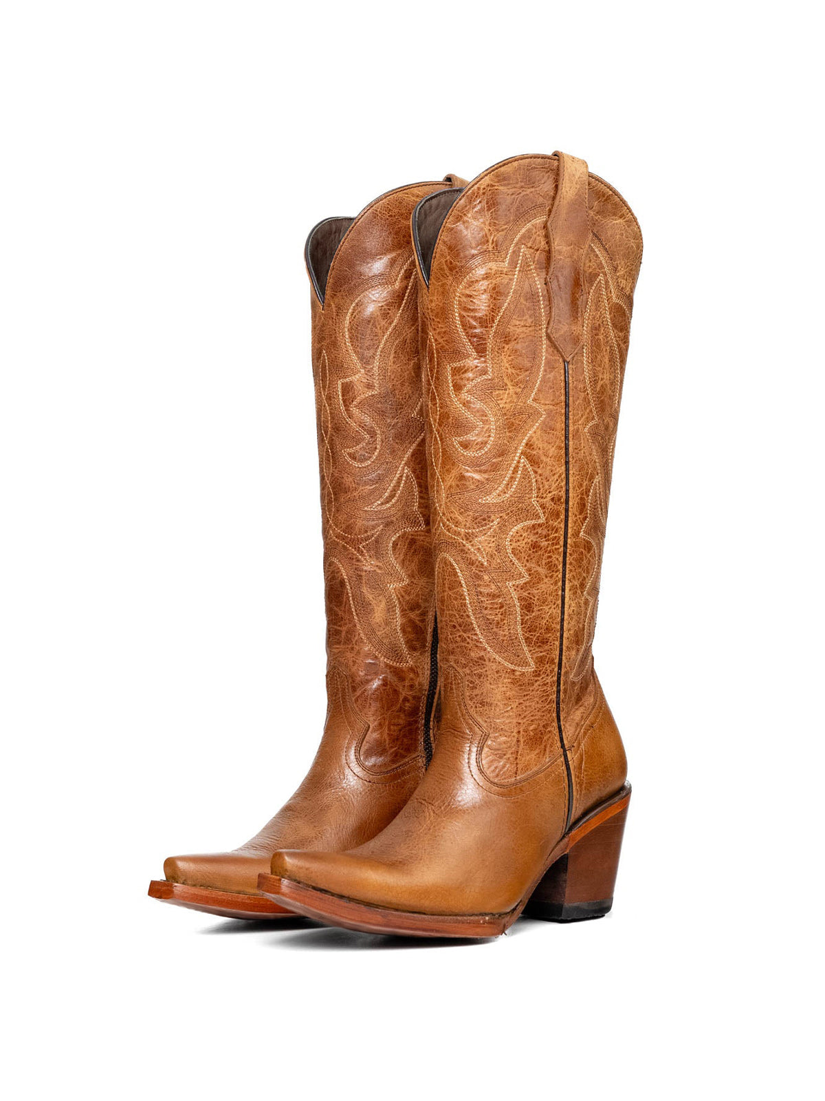Western Snip-Toe Embroidery Half-Zip Knee High Chic Cowgirl Boots - Tan