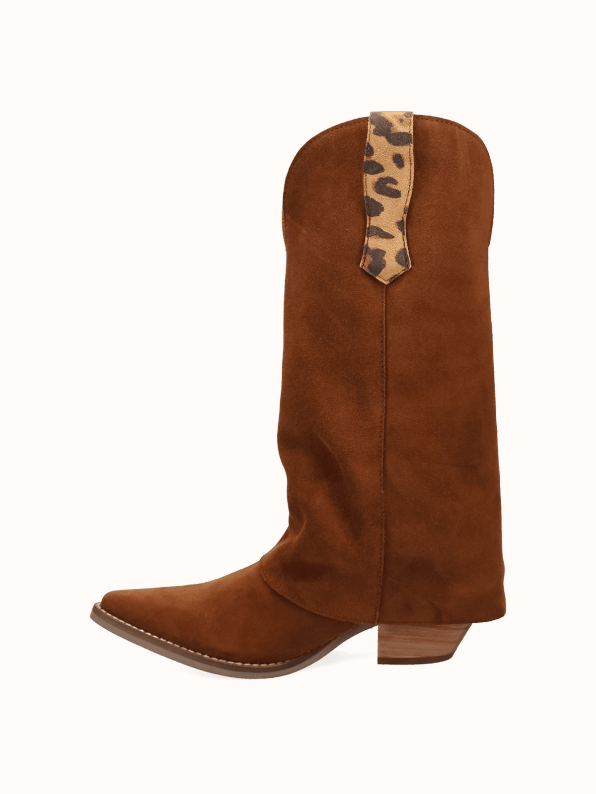 Camel Faux Suede And Leopard Pattern Faux Suede Snip-Toe Fold-Over Wide Calf Knee High Cowgirl Boots