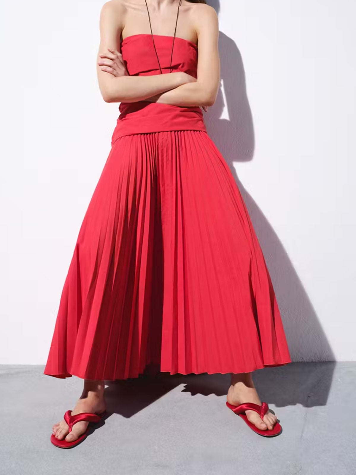 Red Satin And Vegan Leather Square-Toe Flip-Flops Flats